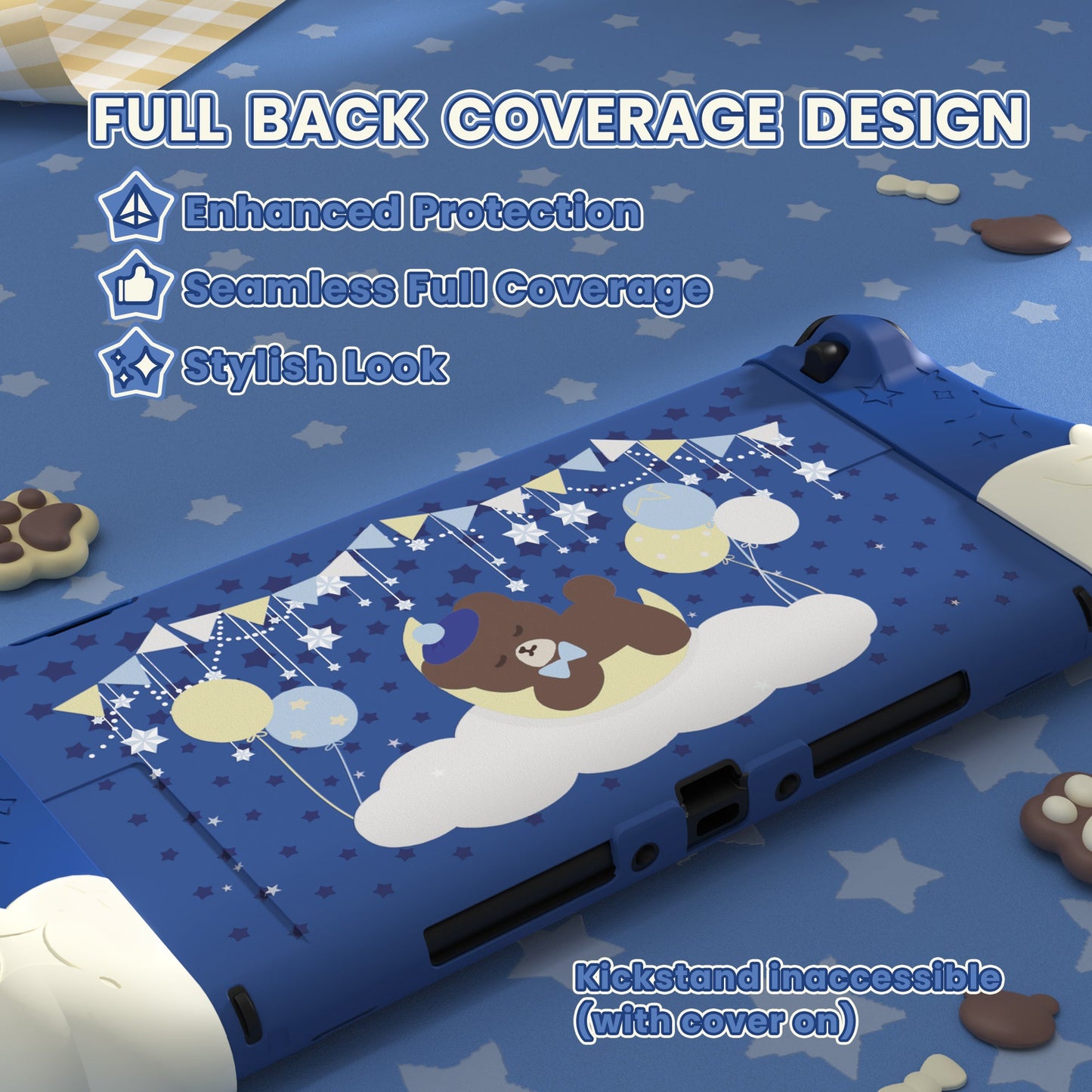 PlayVital Good Night Bear Protective Cover for Nintendo Switch 2 (2025), Separable Soft Silicone Joycon Grip & Hard Back Cover with Thumbstick Caps for Nintendo Switch 2 - Midnight Blue PlayVital