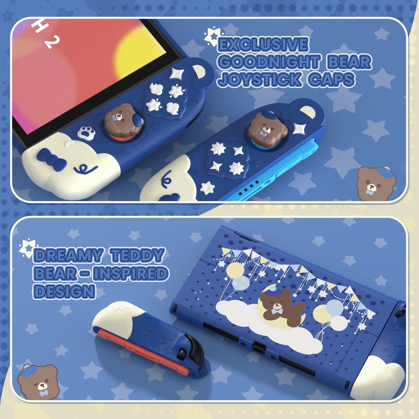 PlayVital Good Night Bear Protective Cover for Nintendo Switch 2 (2025), Separable Soft Silicone Joycon Grip & Hard Back Cover with Thumbstick Caps for Nintendo Switch 2 - Midnight Blue PlayVital