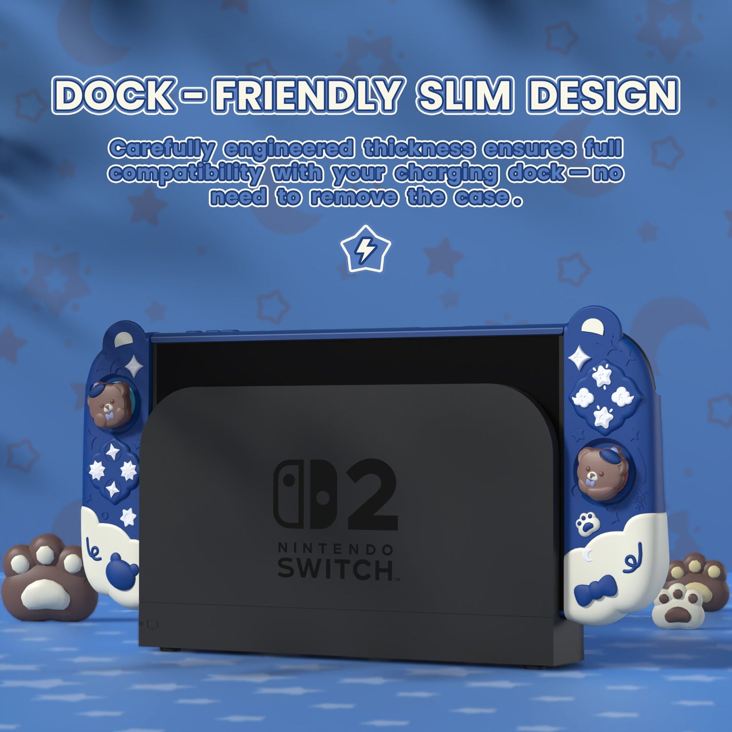 PlayVital Good Night Bear Protective Cover for Nintendo Switch 2 (2025), Separable Soft Silicone Joycon Grip & Hard Back Cover with Thumbstick Caps for Nintendo Switch 2 - Midnight Blue PlayVital