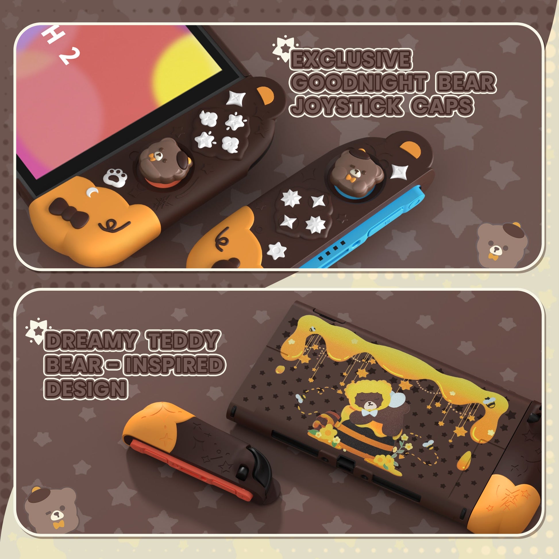 PlayVital Good Night Bear Protective Cover for Nintendo Switch 2 (2025), Separable Soft Silicone Joycon Grip & Hard Back Cover with Thumbstick Caps for Nintendo Switch 2 - Brown PlayVital