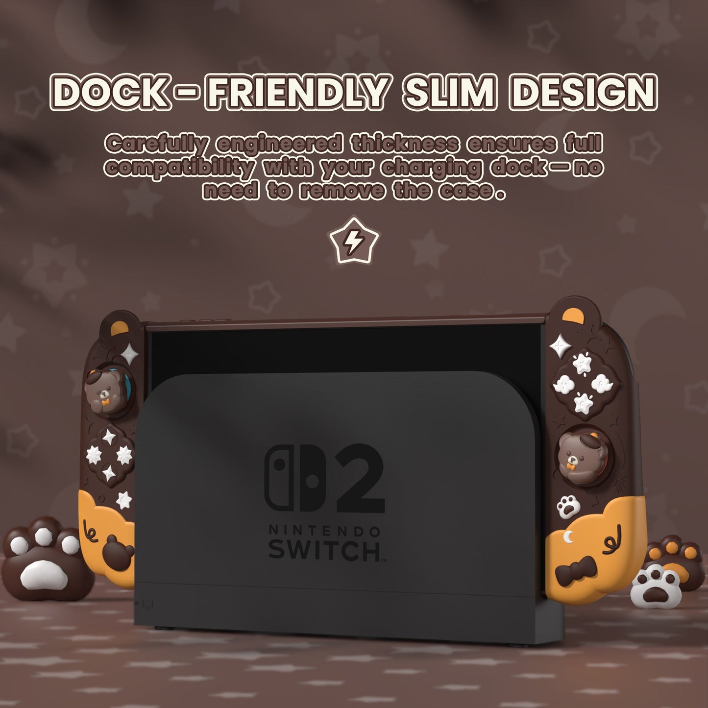 PlayVital Good Night Bear Protective Cover for Nintendo Switch 2 (2025), Separable Soft Silicone Joycon Grip & Hard Back Cover with Thumbstick Caps for Nintendo Switch 2 - Brown PlayVital