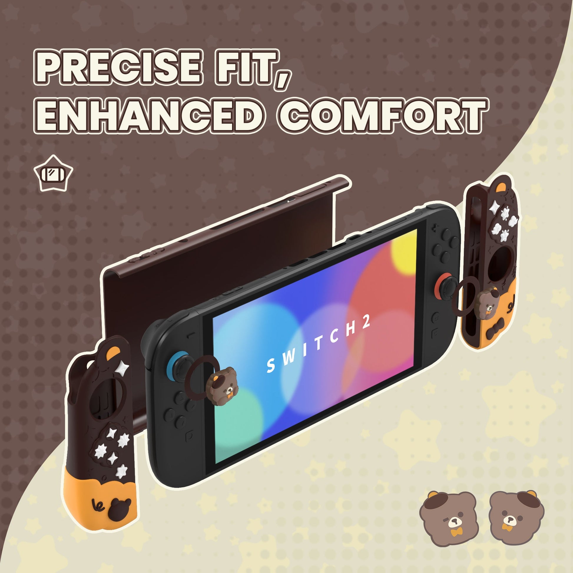 PlayVital Good Night Bear Protective Cover for Nintendo Switch 2 (2025), Separable Soft Silicone Joycon Grip & Hard Back Cover with Thumbstick Caps for Nintendo Switch 2 - Brown PlayVital