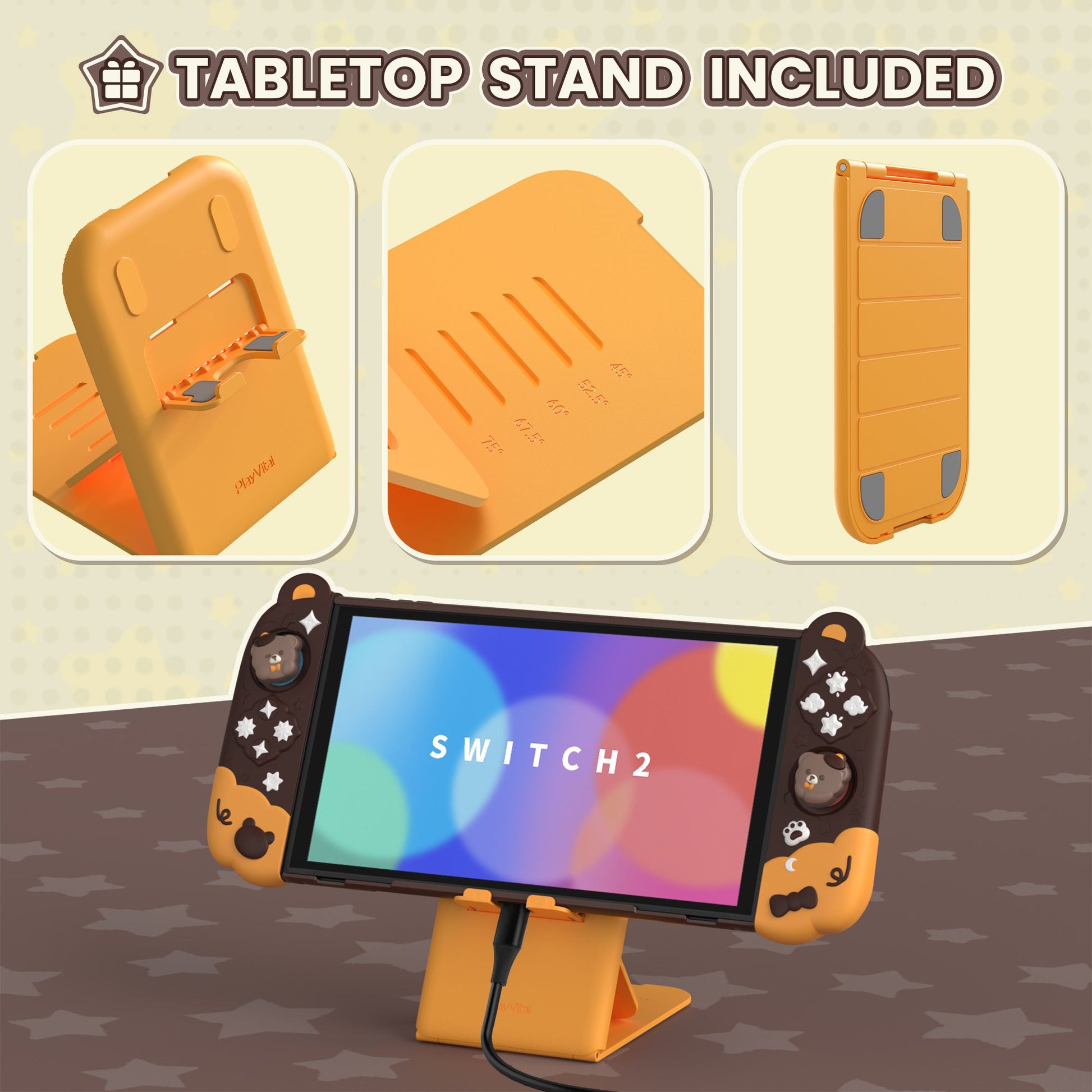 PlayVital Good Night Bear Protective Cover for Nintendo Switch 2 (2025), Separable Soft Silicone Joycon Grip & Hard Back Cover with Thumbstick Caps for Nintendo Switch 2 - Brown PlayVital