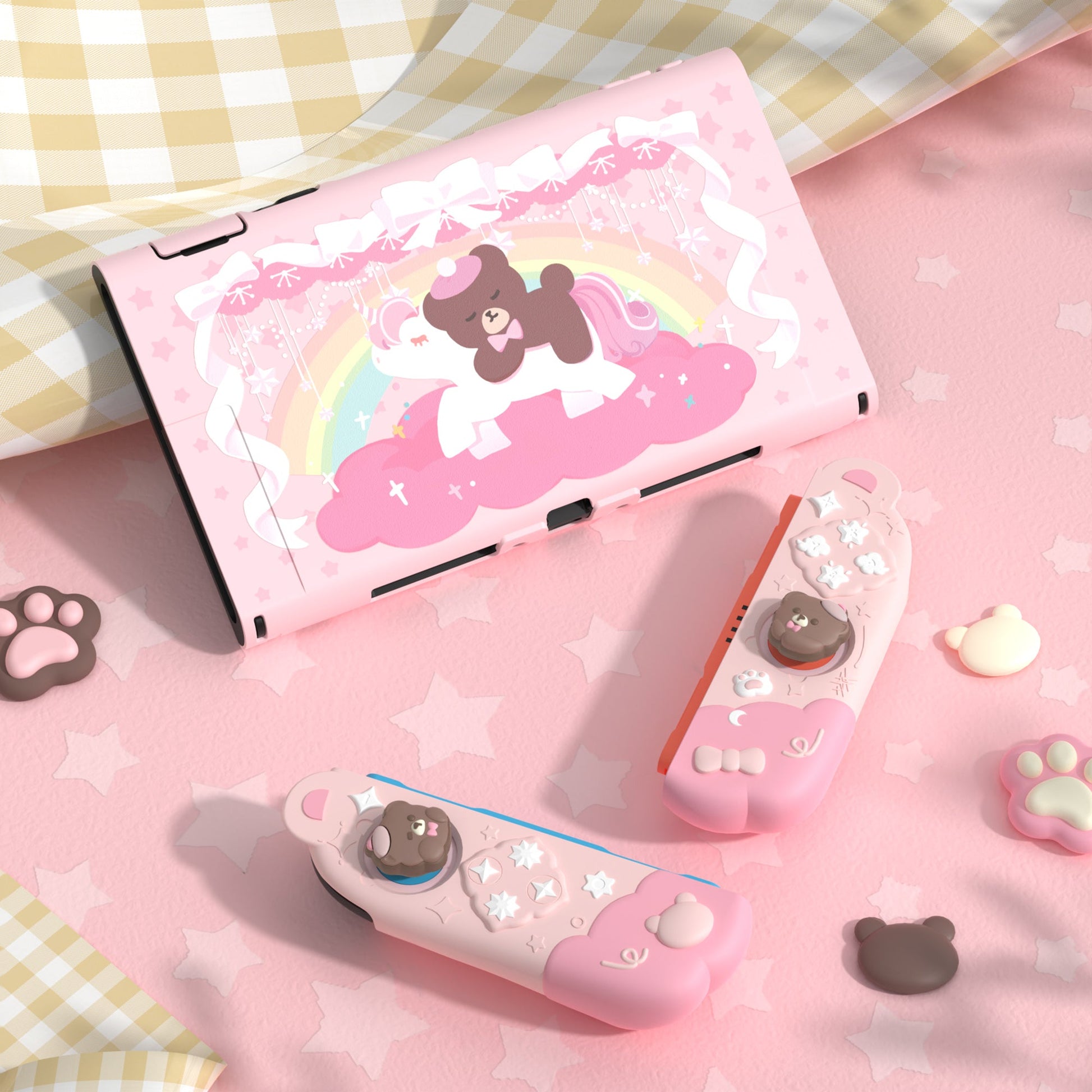 PlayVital Good Night Bear Protective Cover for Nintendo Switch 2 (2025), Separable Soft Silicone Joycon Grip & Hard Back Cover with Thumbstick Caps for Nintendo Switch 2 - Pink PlayVital