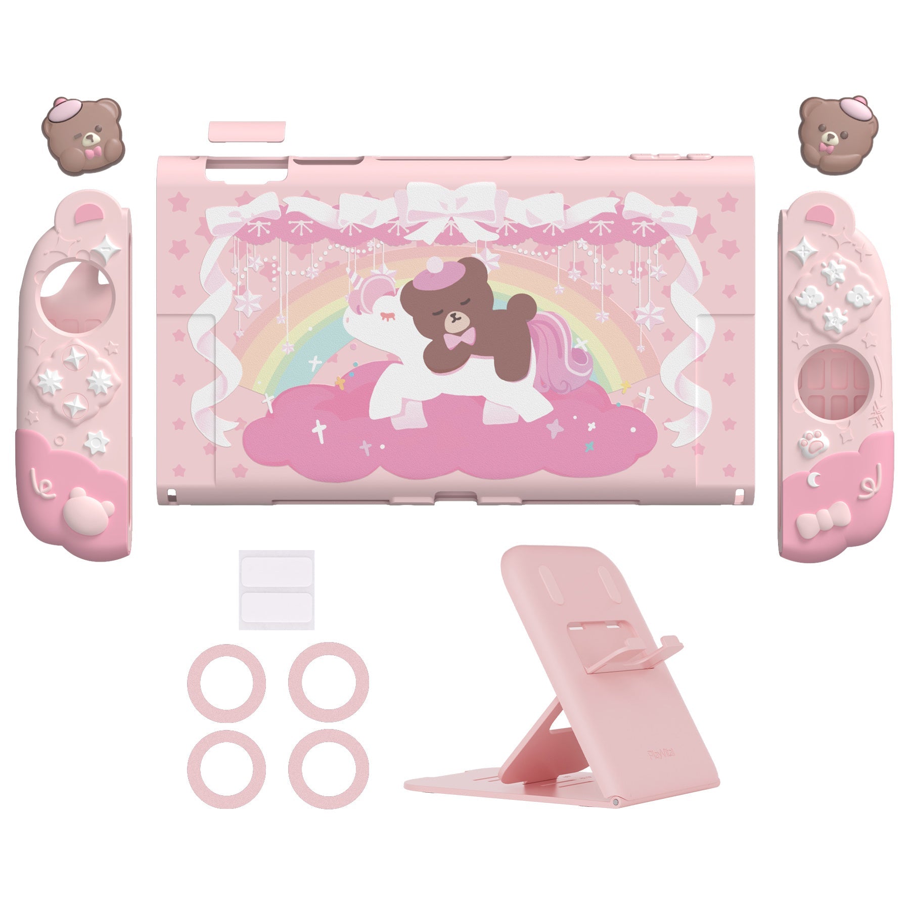 PlayVital Good Night Bear Protective Cover for Nintendo Switch 2 (2025), Separable Soft Silicone Joycon Grip & Hard Back Cover with Thumbstick Caps for Nintendo Switch 2 - Pink PlayVital
