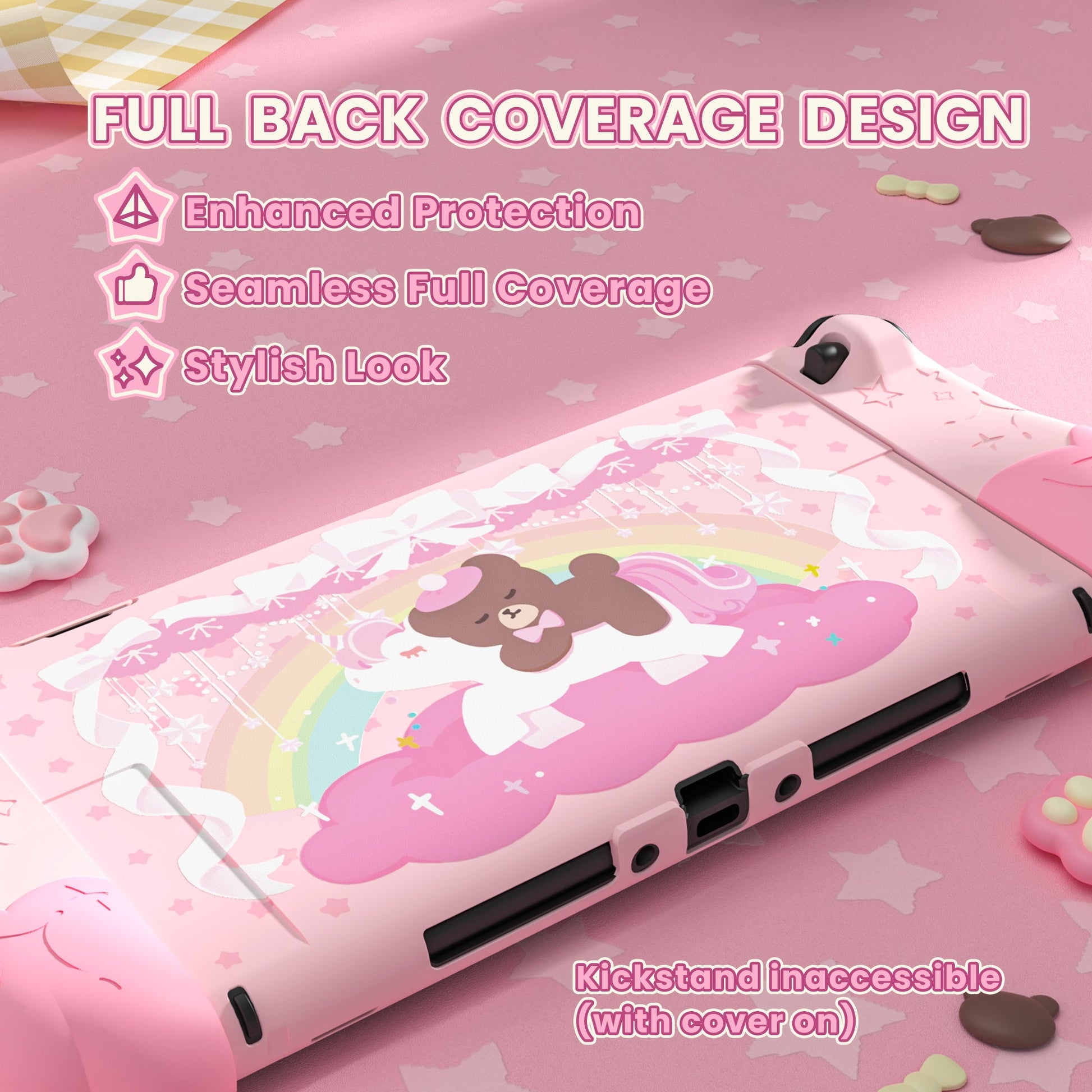 PlayVital Good Night Bear Protective Cover for Nintendo Switch 2 (2025), Separable Soft Silicone Joycon Grip & Hard Back Cover with Thumbstick Caps for Nintendo Switch 2 - Pink PlayVital