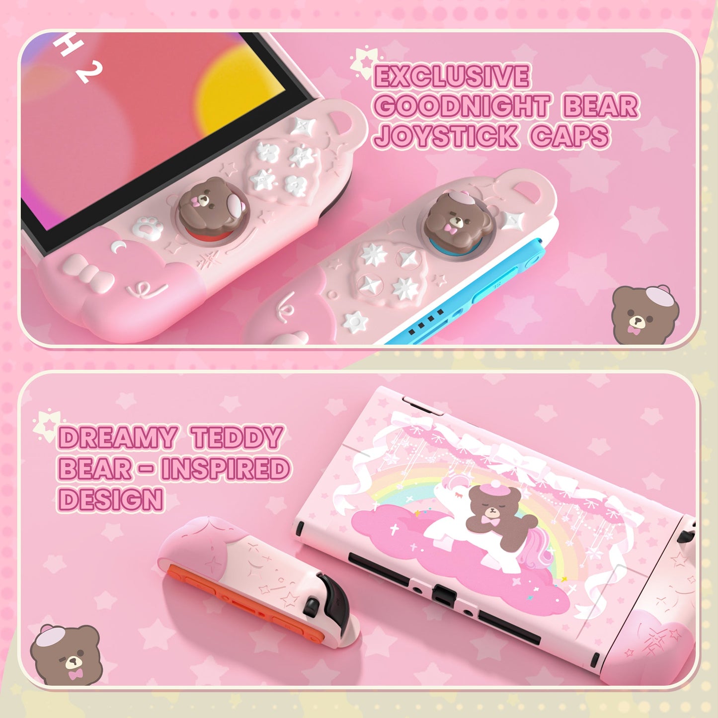PlayVital Good Night Bear Protective Cover for Nintendo Switch 2 (2025), Separable Soft Silicone Joycon Grip & Hard Back Cover with Thumbstick Caps for Nintendo Switch 2 - Pink PlayVital