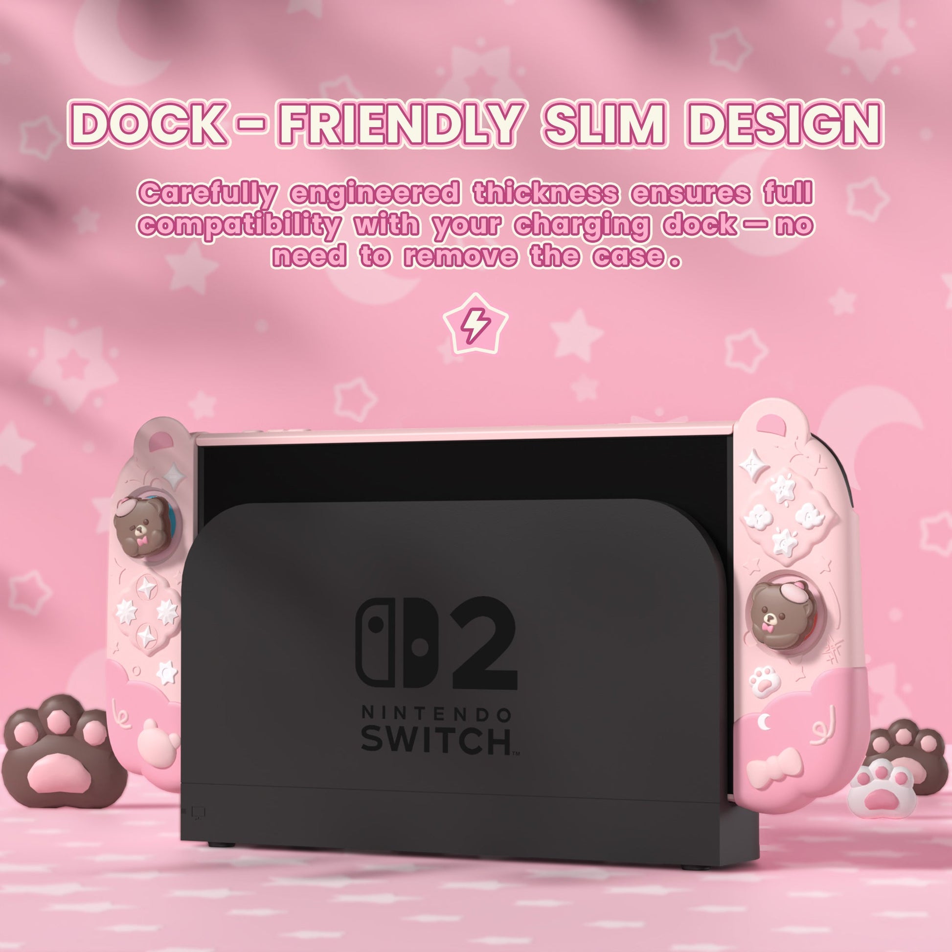 PlayVital Good Night Bear Protective Cover for Nintendo Switch 2 (2025), Separable Soft Silicone Joycon Grip & Hard Back Cover with Thumbstick Caps for Nintendo Switch 2 - Pink PlayVital