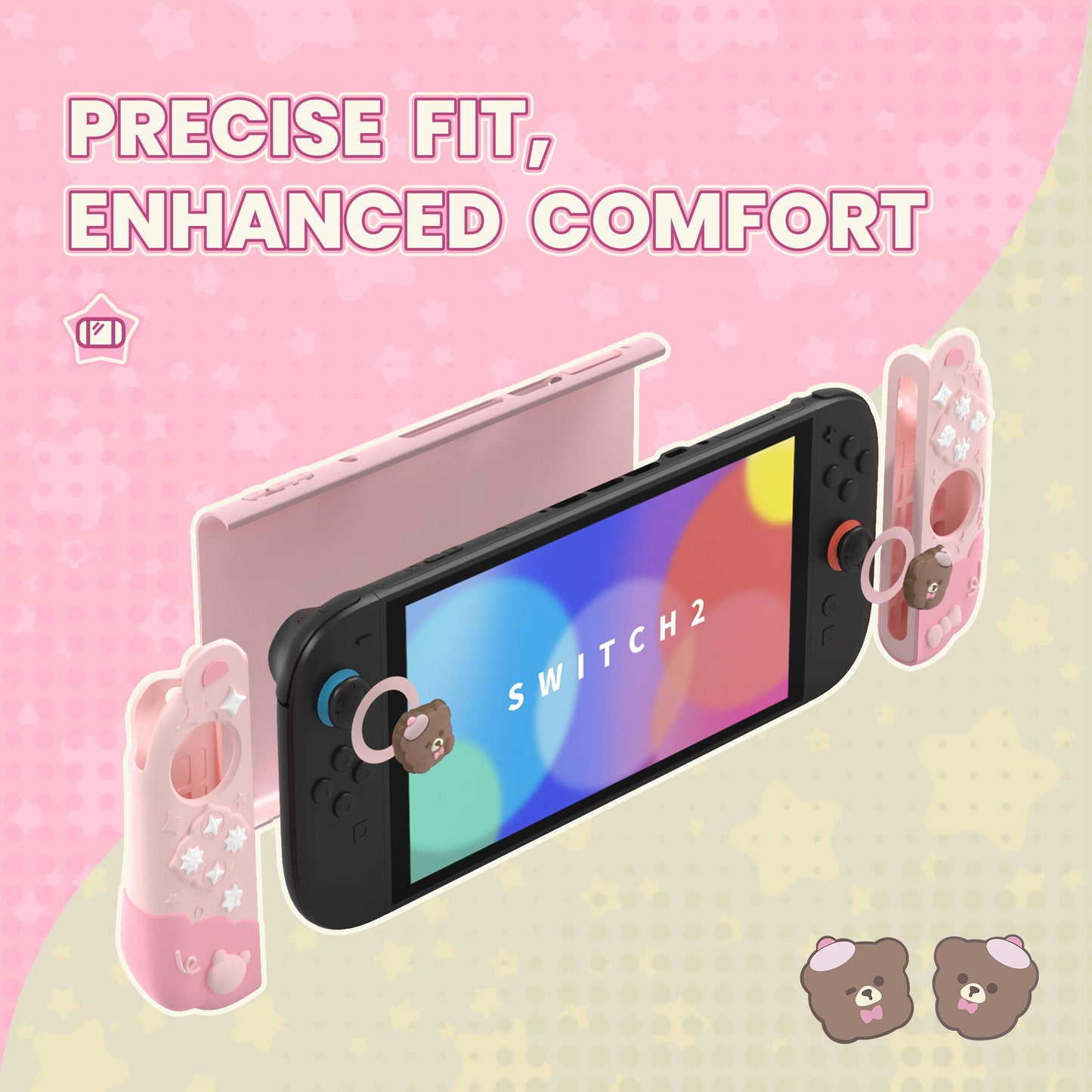 PlayVital Good Night Bear Protective Cover for Nintendo Switch 2 (2025), Separable Soft Silicone Joycon Grip & Hard Back Cover with Thumbstick Caps for Nintendo Switch 2 - Pink PlayVital