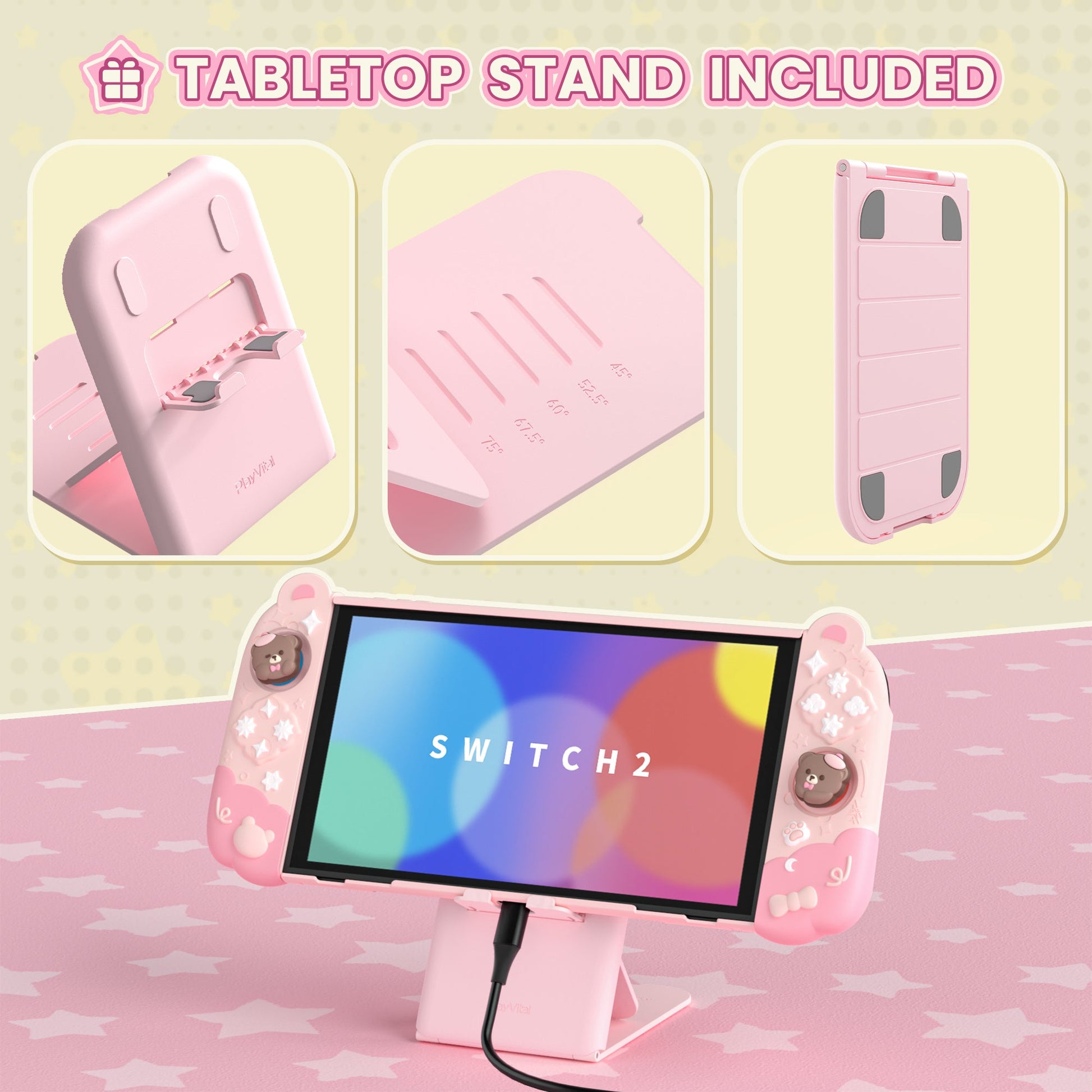 PlayVital Good Night Bear Protective Cover for Nintendo Switch 2 (2025), Separable Soft Silicone Joycon Grip & Hard Back Cover with Thumbstick Caps for Nintendo Switch 2 - Pink PlayVital