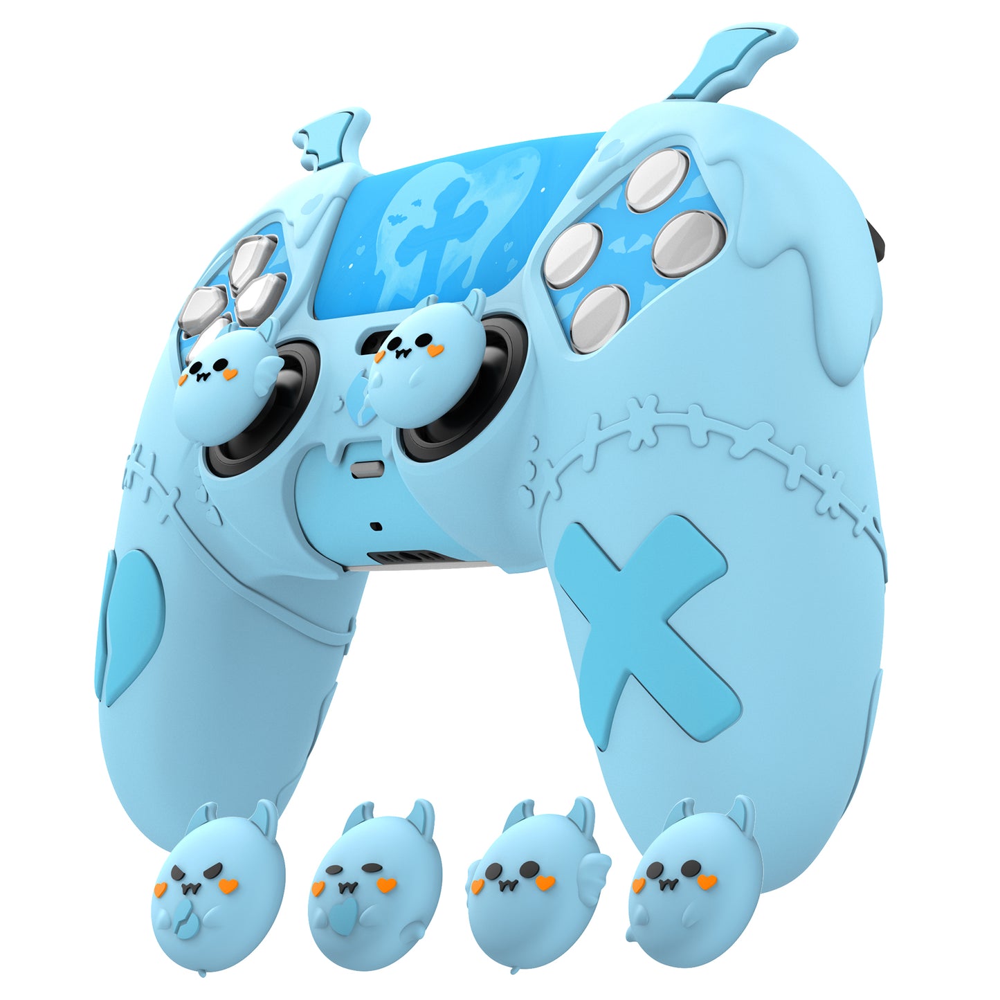 PlayVital Gothic Imp Series Cute Silicone Case with Thumb Grips and Stickers for PS5 Controller, Compatible with PS5 Official Charging Dock - Blue