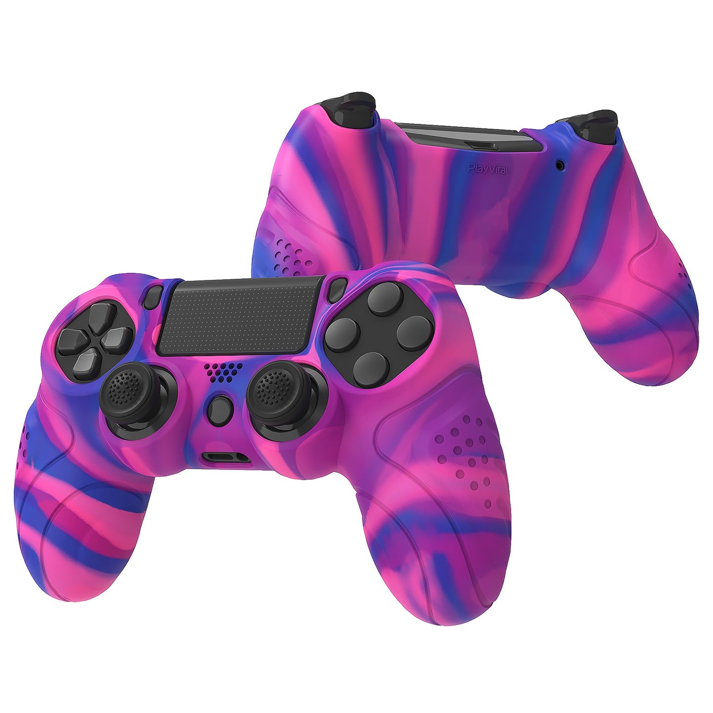 PlayVital Guardian Edition Silicone Cover Skin with Thumb Grip Caps for PS4 Slim Pro Controller - Pink & Purple & Blue playvital