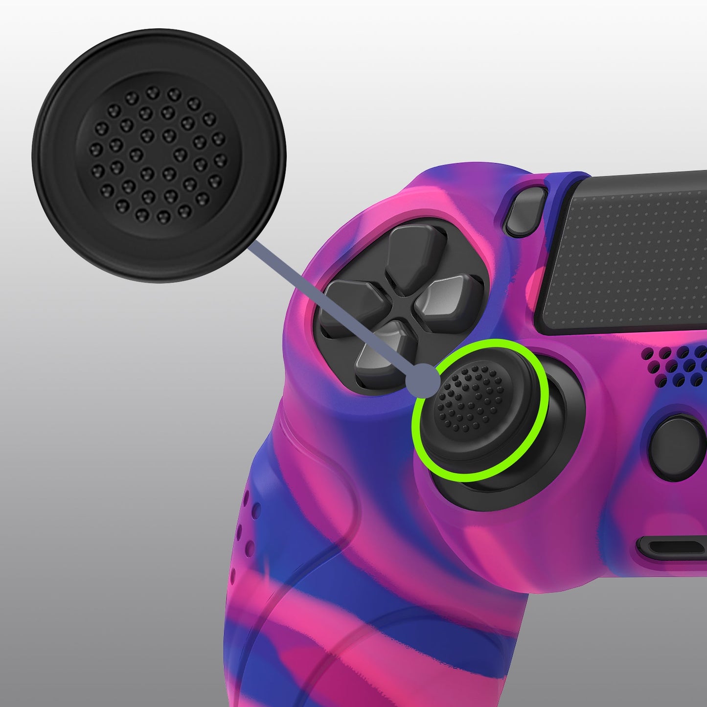 PlayVital Guardian Edition Silicone Cover Skin with Thumb Grip Caps for PS4 Slim Pro Controller - Pink & Purple & Blue playvital