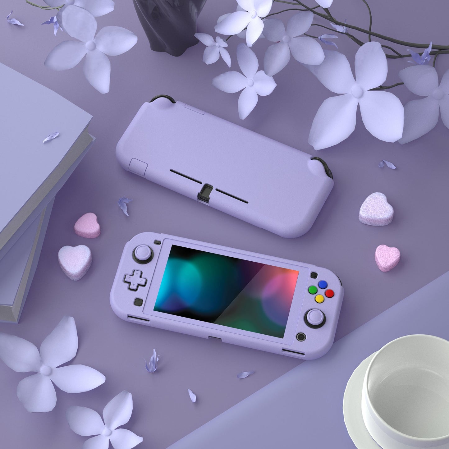 PlayVital Hard Shell Protective Case with Screen Protector & Thumb Grip Caps & Button Caps for Nintendo Switch Lite - Light Violet PlayVital