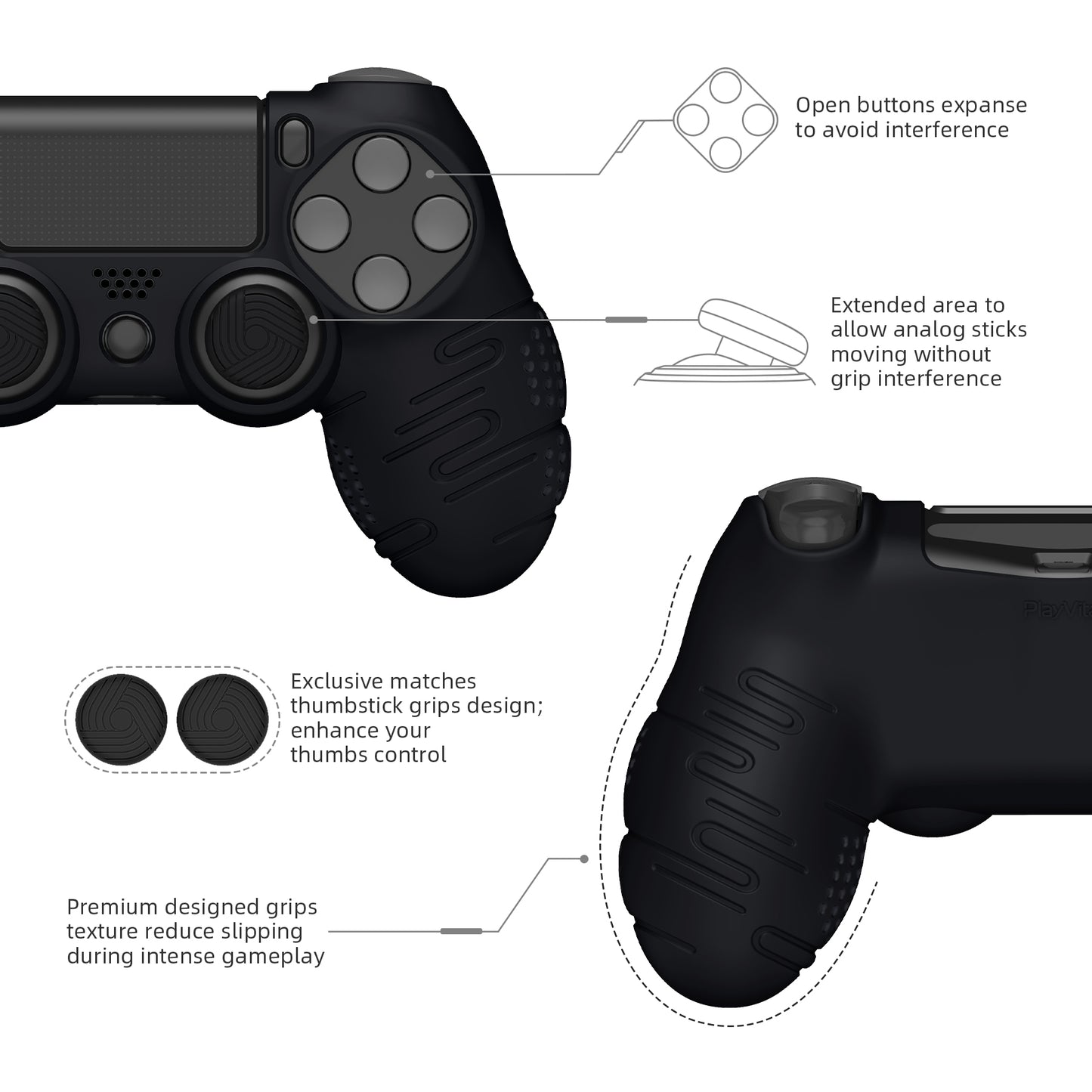 PlayVital Line & Dot Silicone Cover Skin with Thumb Grip Caps for PS4 Slim Pro Controller - Black