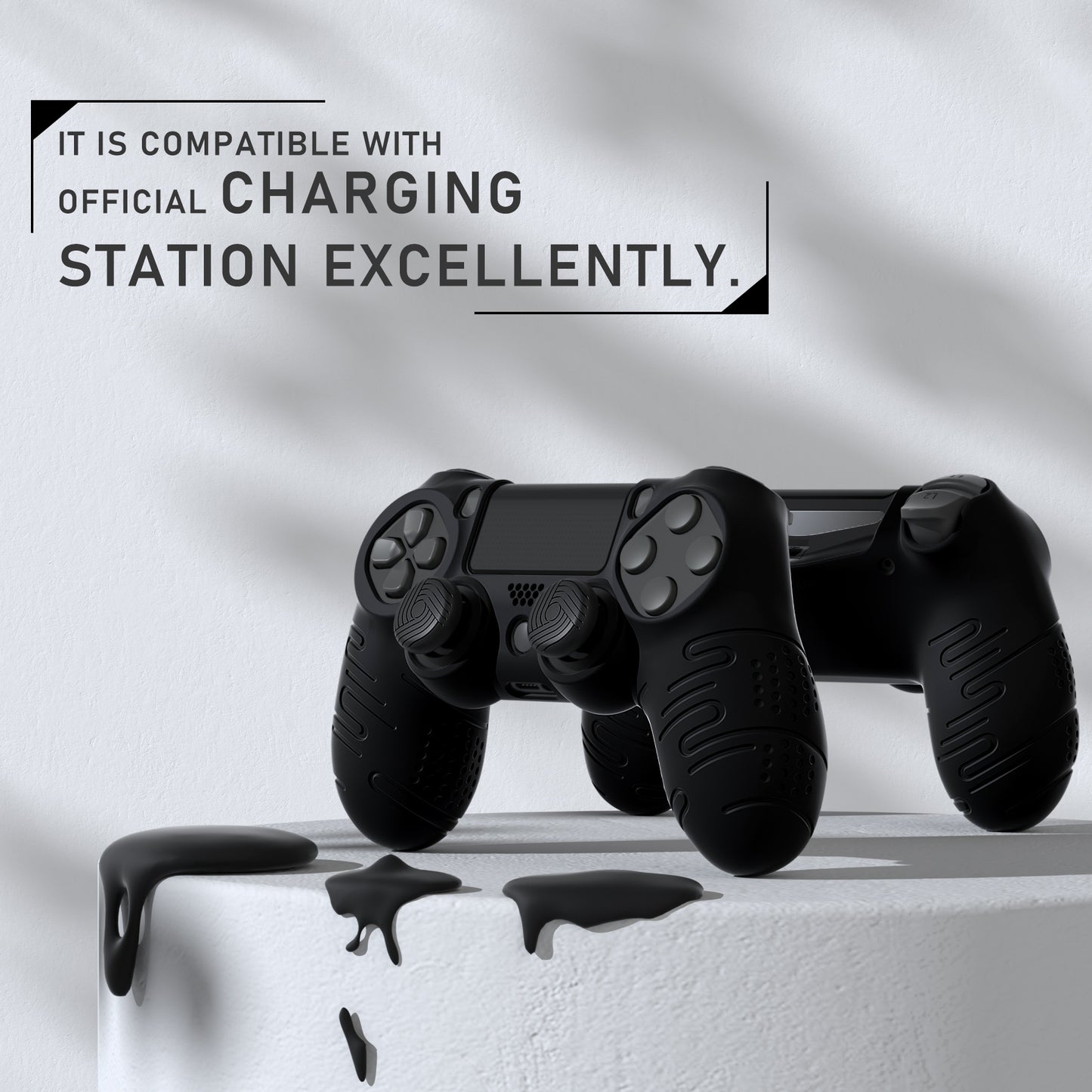 PlayVital Line & Dot Silicone Cover Skin with Thumb Grip Caps for PS4 Slim Pro Controller - Black