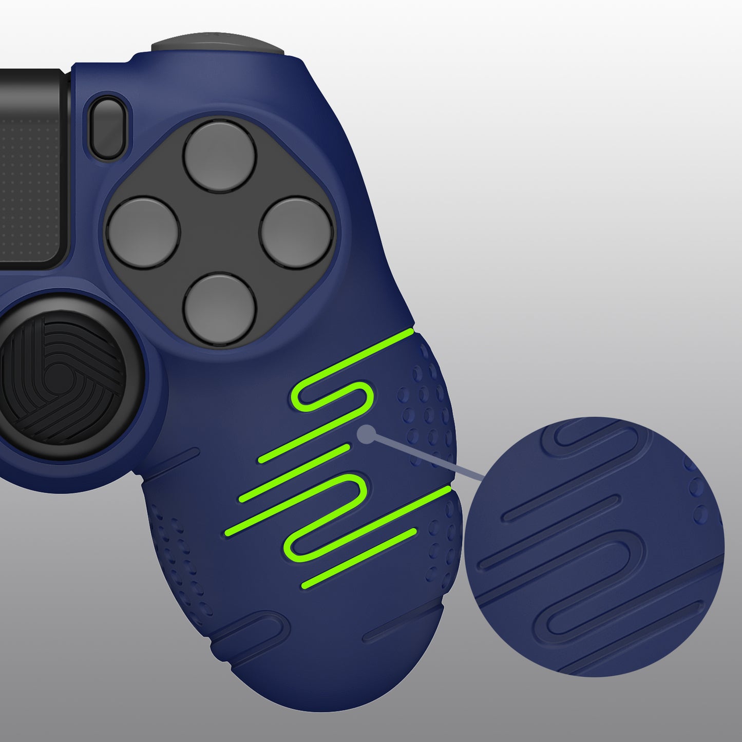 PlayVital Line & Dot Silicone Cover Skin with Thumb Grip Caps for PS4 Slim Pro Controller - Midnight Blue