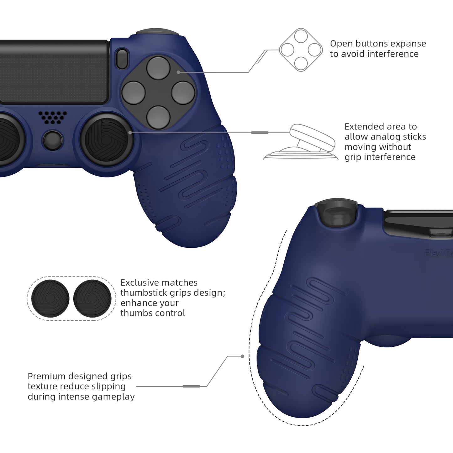 PlayVital Line & Dot Silicone Cover Skin with Thumb Grip Caps for PS4 Slim Pro Controller - Midnight Blue