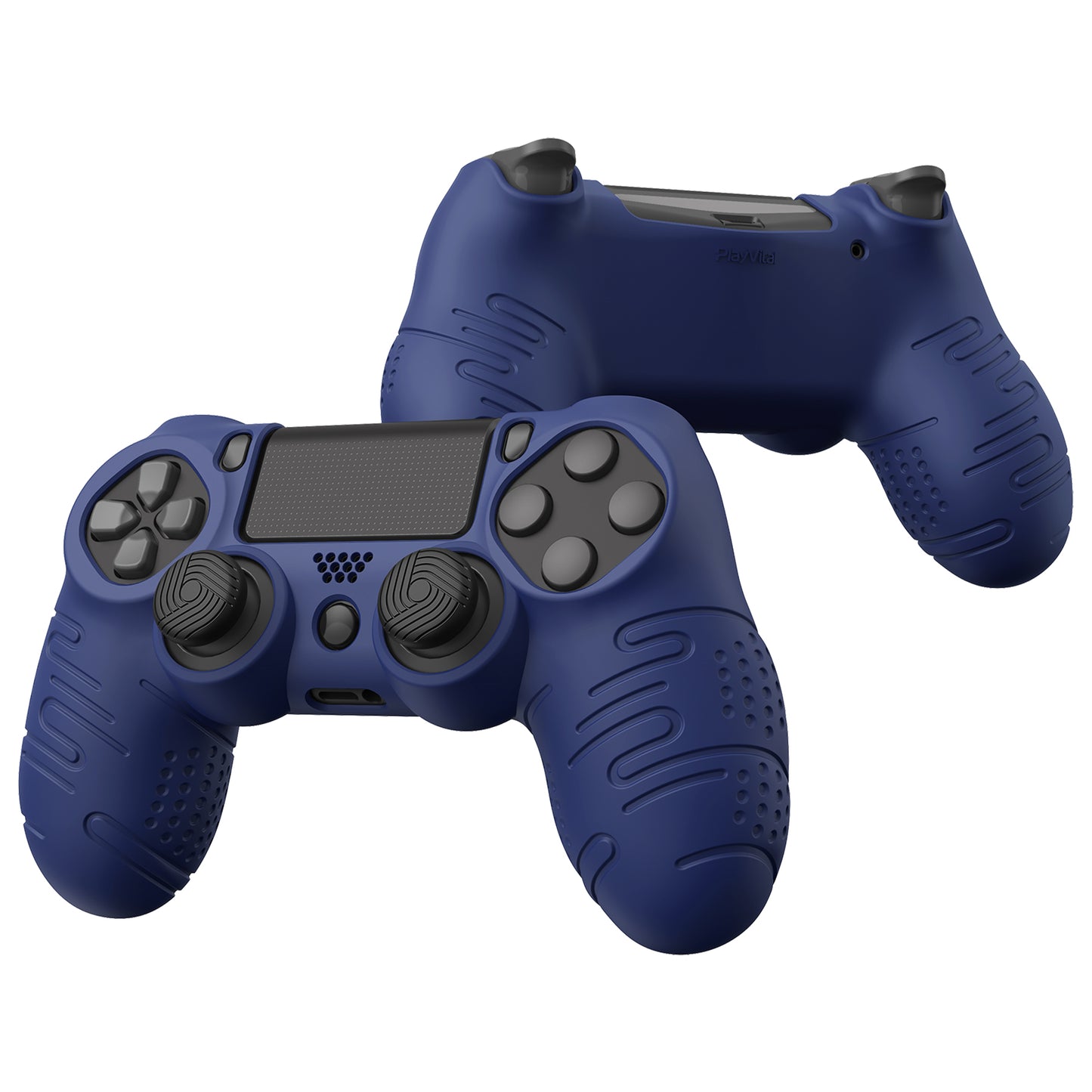 PlayVital Line & Dot Silicone Cover Skin with Thumb Grip Caps for PS4 Slim Pro Controller - Midnight Blue