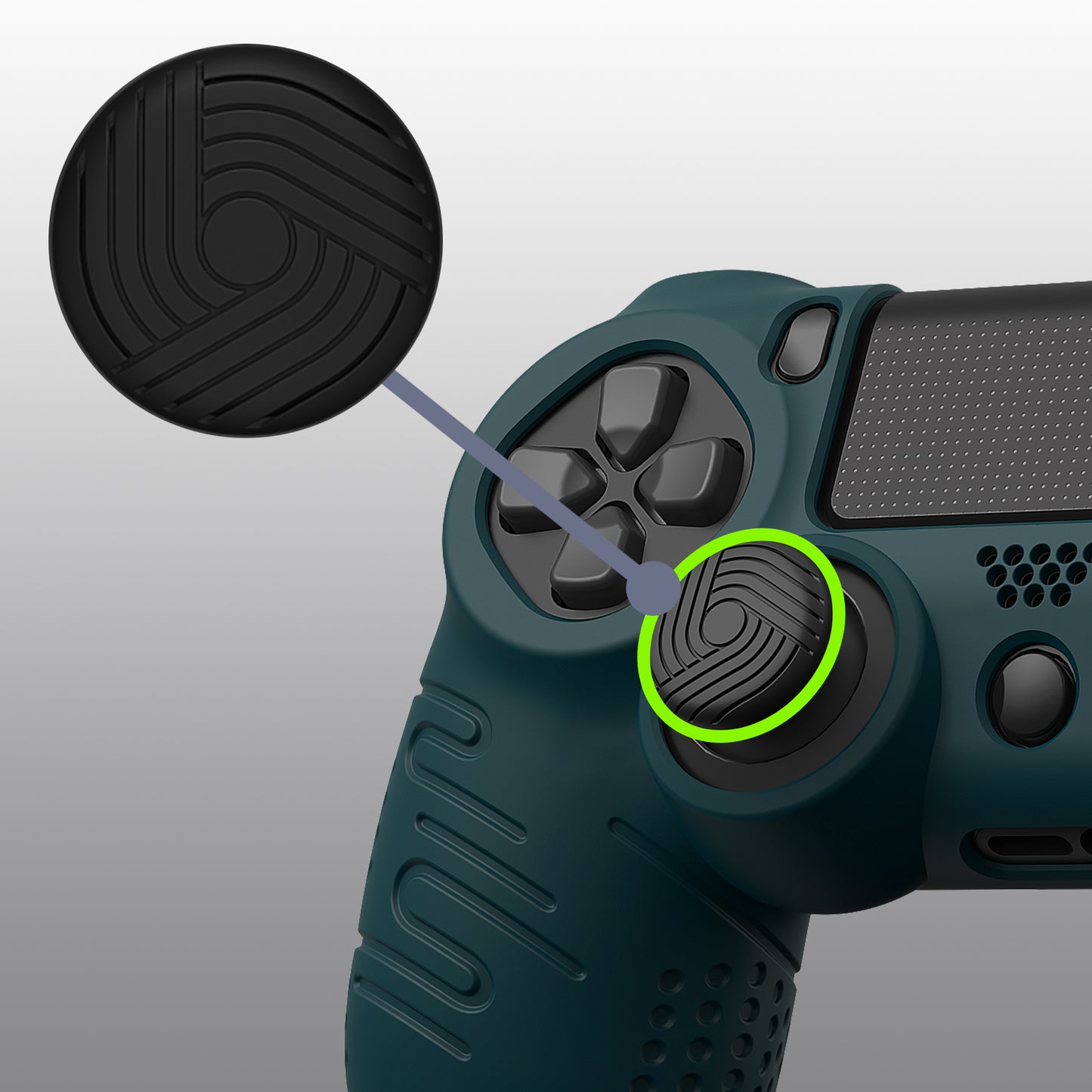 PlayVital Line & Dot Silicone Cover Skin with Thumb Grip Caps for PS4 Slim Pro Controller - Racing Green