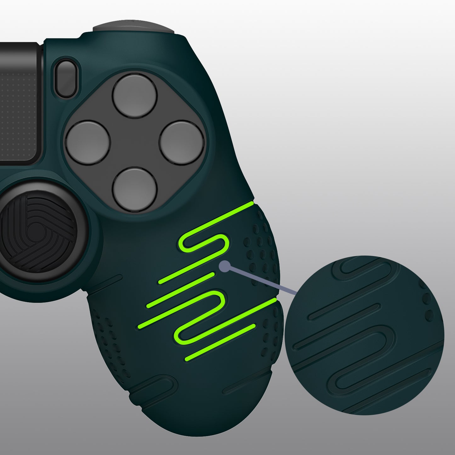 PlayVital Line & Dot Silicone Cover Skin with Thumb Grip Caps for PS4 Slim Pro Controller - Racing Green