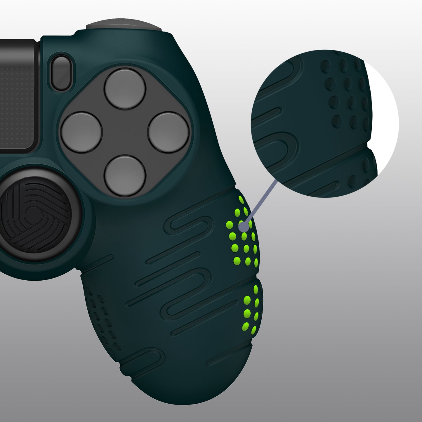 PlayVital Line & Dot Silicone Cover Skin with Thumb Grip Caps for PS4 Slim Pro Controller - Racing Green