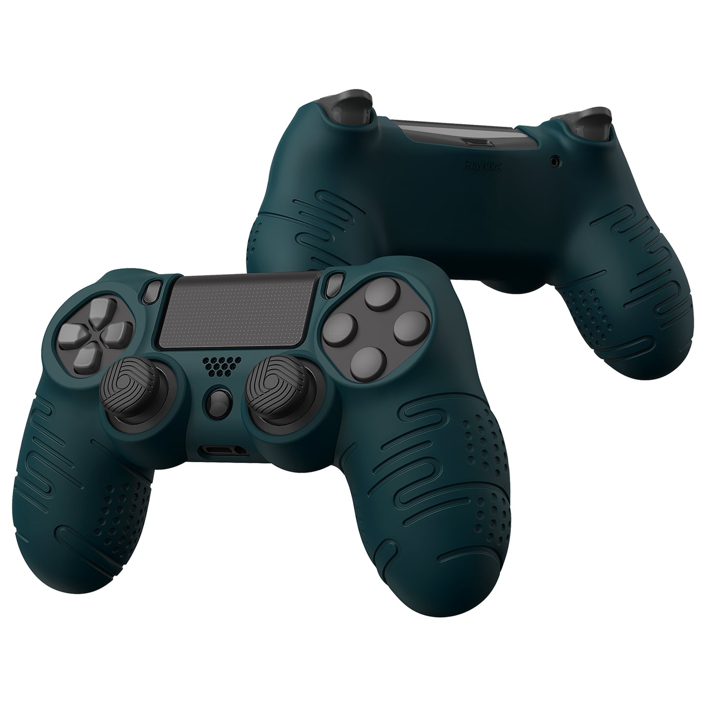 PlayVital Line & Dot Silicone Cover Skin with Thumb Grip Caps for PS4 Slim Pro Controller - Racing Green