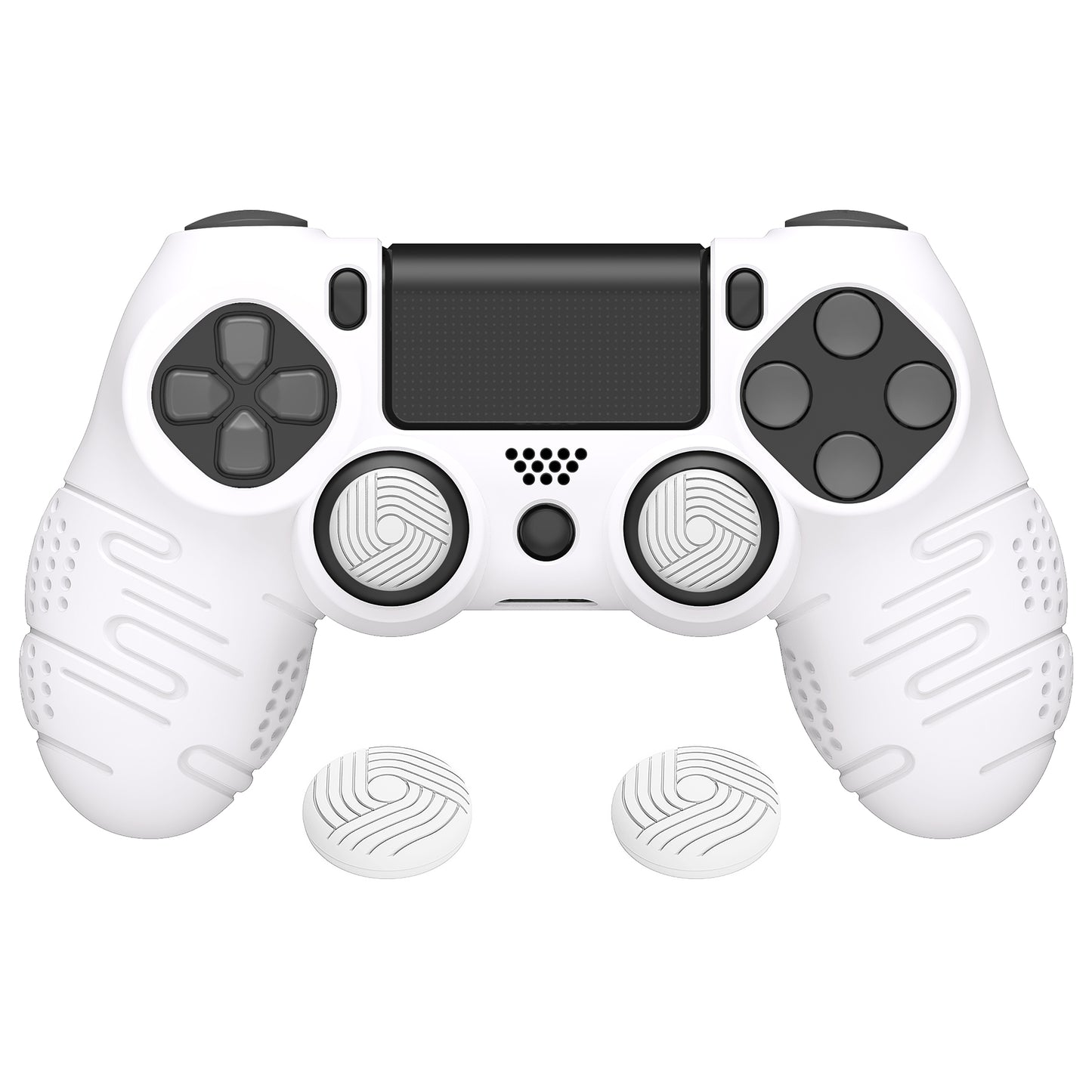 PlayVital Line & Dot Silicone Cover Skin with Thumb Grip Caps for PS4 Slim Pro Controller - White