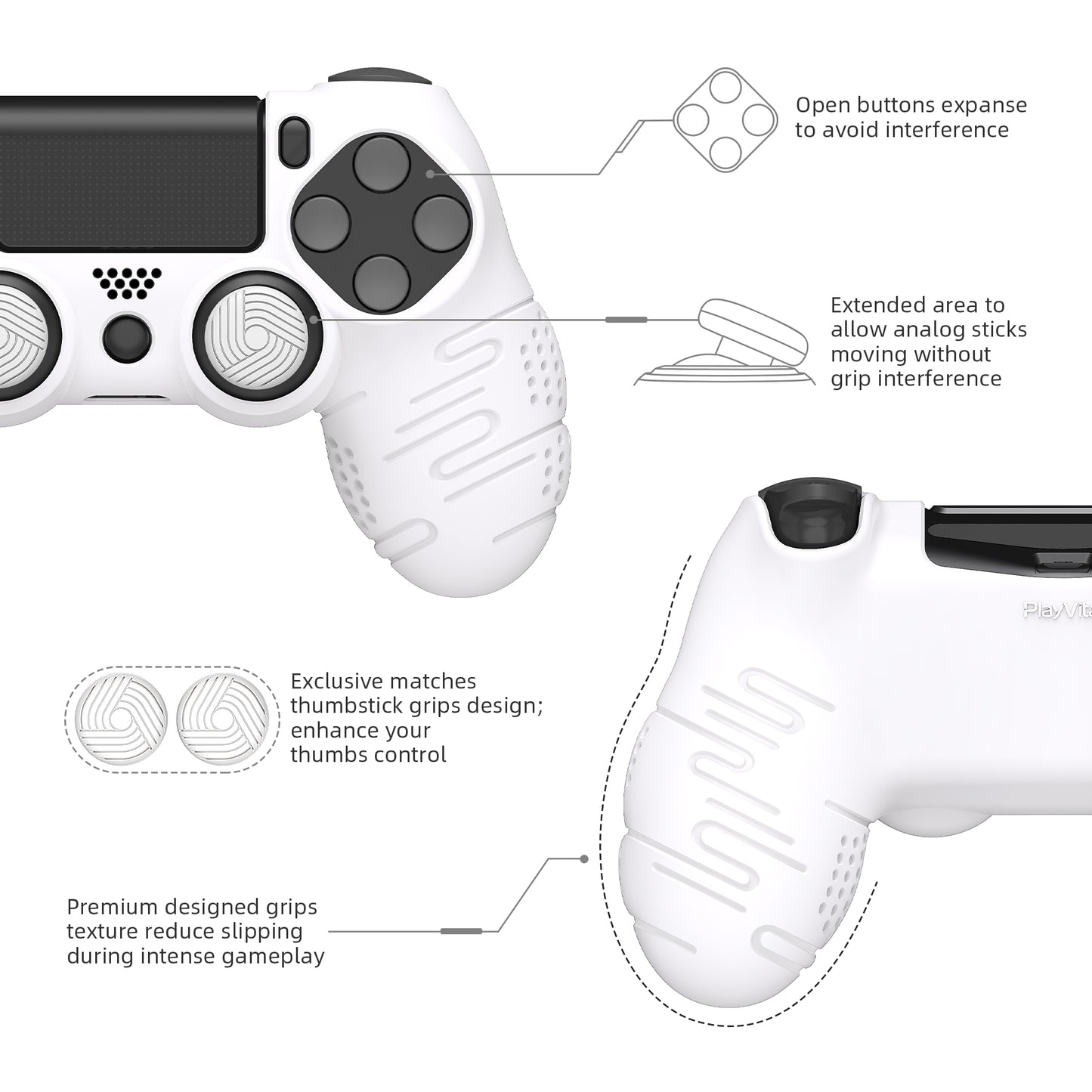 PlayVital Line & Dot Silicone Cover Skin with Thumb Grip Caps for PS4 Slim Pro Controller - White