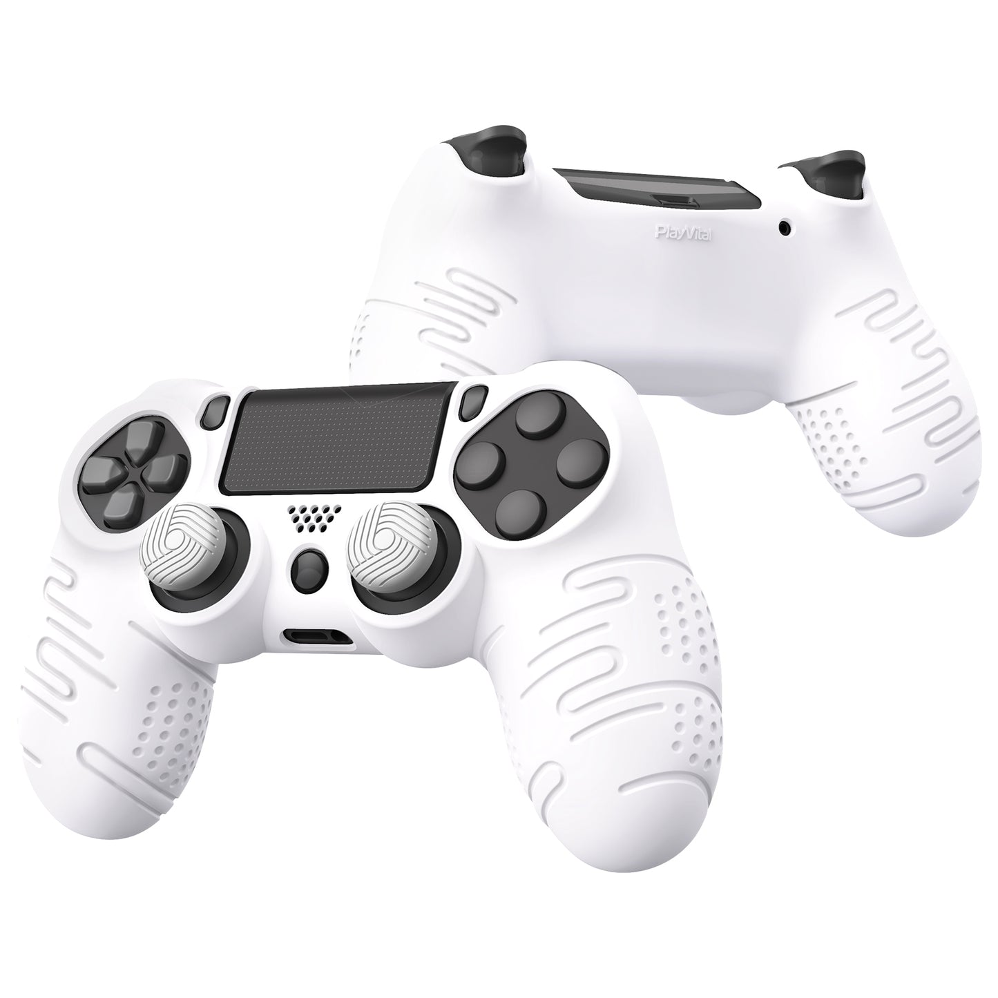 PlayVital Line & Dot Silicone Cover Skin with Thumb Grip Caps for PS4 Slim Pro Controller - White