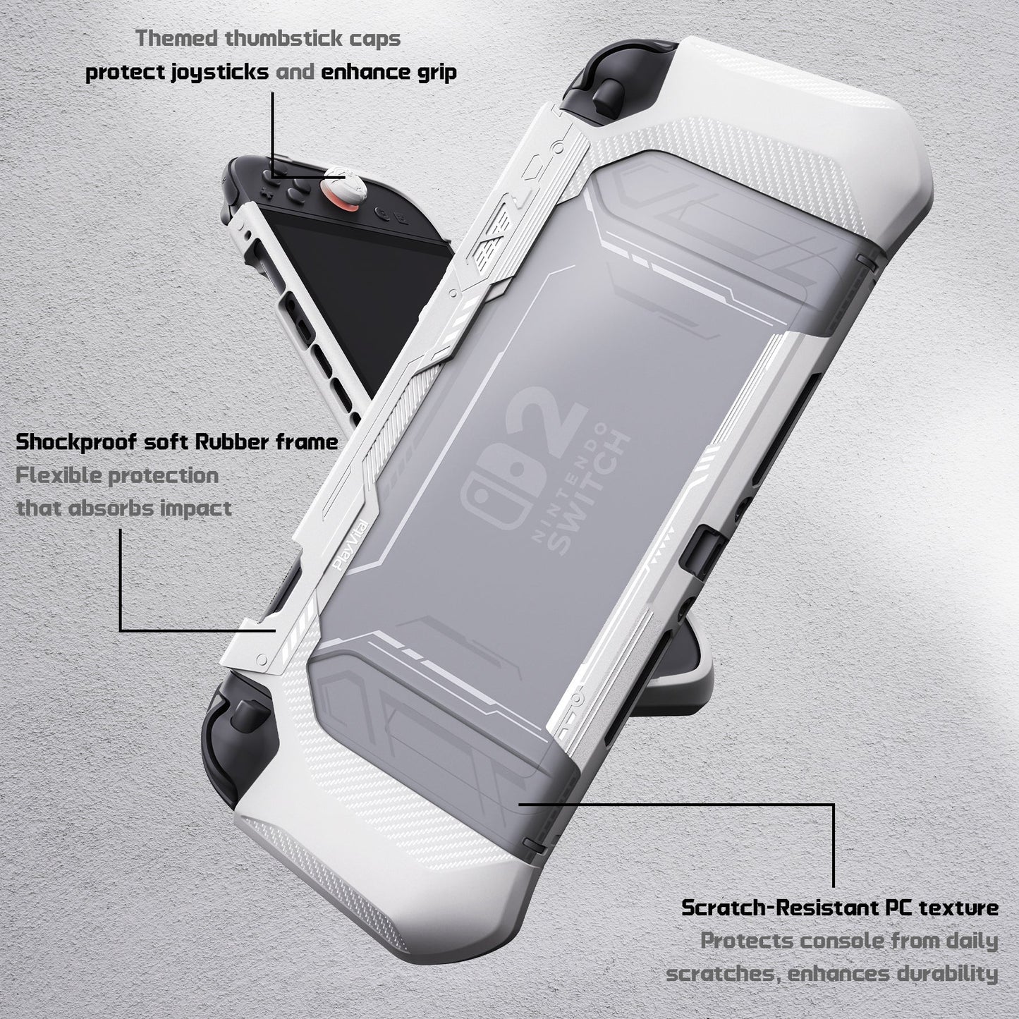 PlayVital METEOR Ergonomic Non-Slip TPU Protective Case with Thumb Grips for Nintendo Switch 2 - White PlayVital