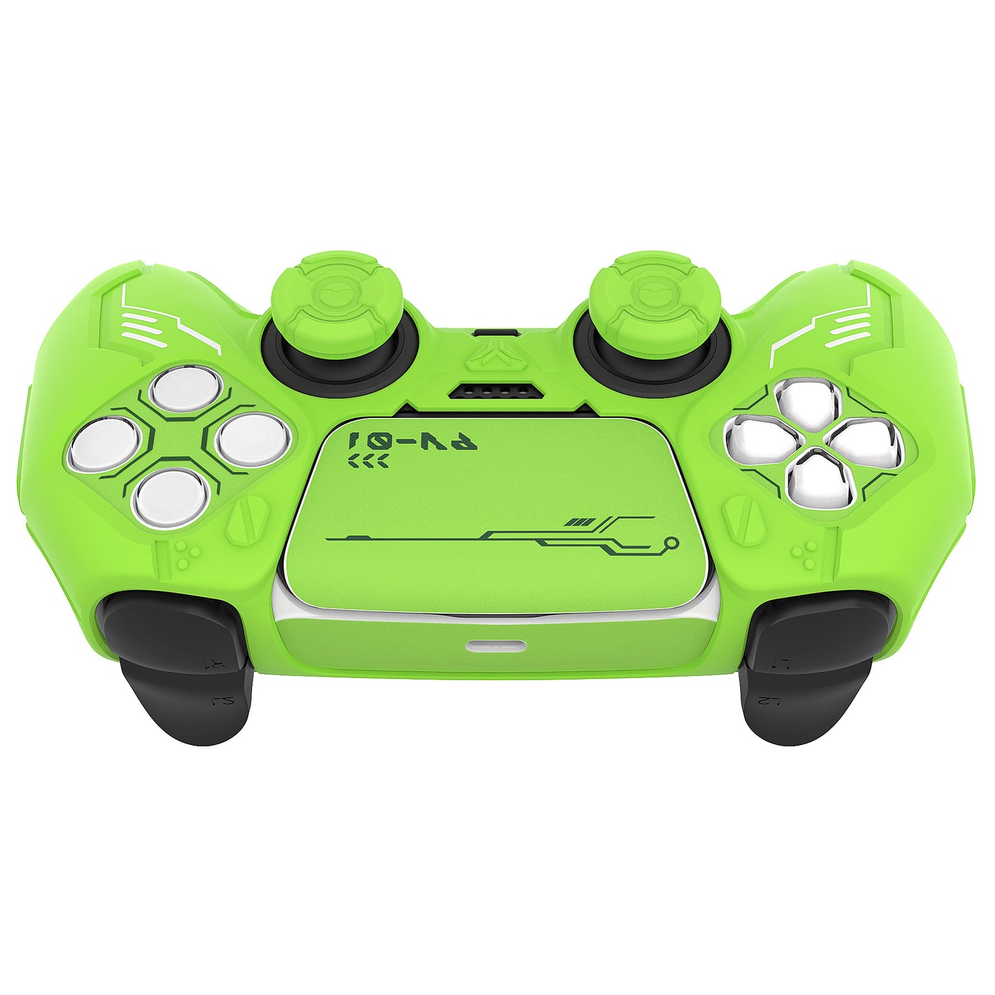 PlayVital Mecha Edition Anti-Slip Silicone Cover Skin with Matching Thumb Grips and Stickers for PS5 Wireless Controller - Compatible with Charging Station - Neon Green PlayVital
