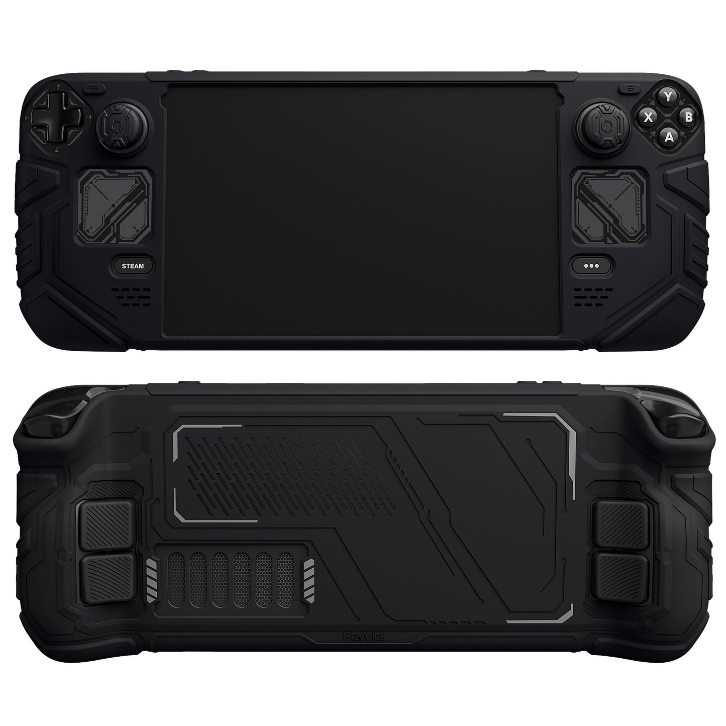 PlayVital Mecha Protective Case with Back Button Enhancement Set & Thumb Grips & Stickers for Steam Deck OLED & LCD - Black PlayVital