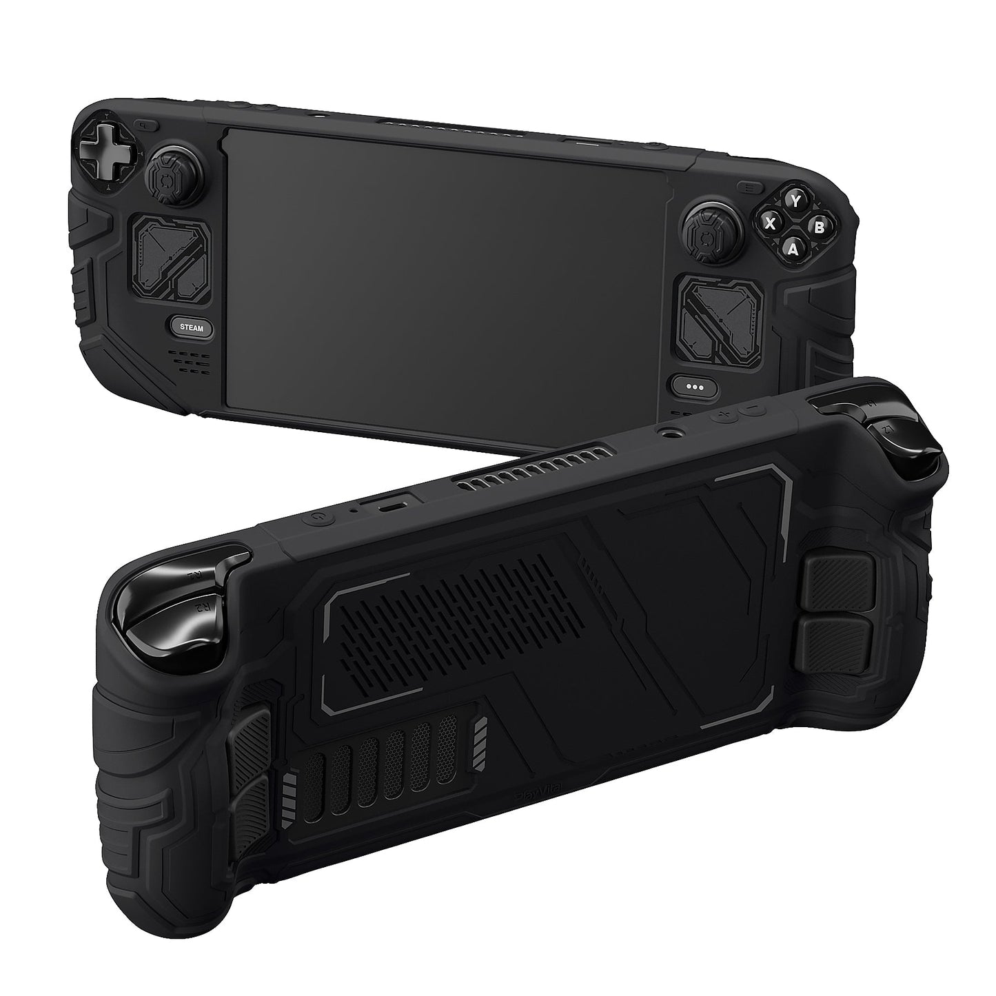 PlayVital Mecha Protective Case with Back Button Enhancement Set & Thumb Grips & Stickers for Steam Deck OLED & LCD - Black PlayVital
