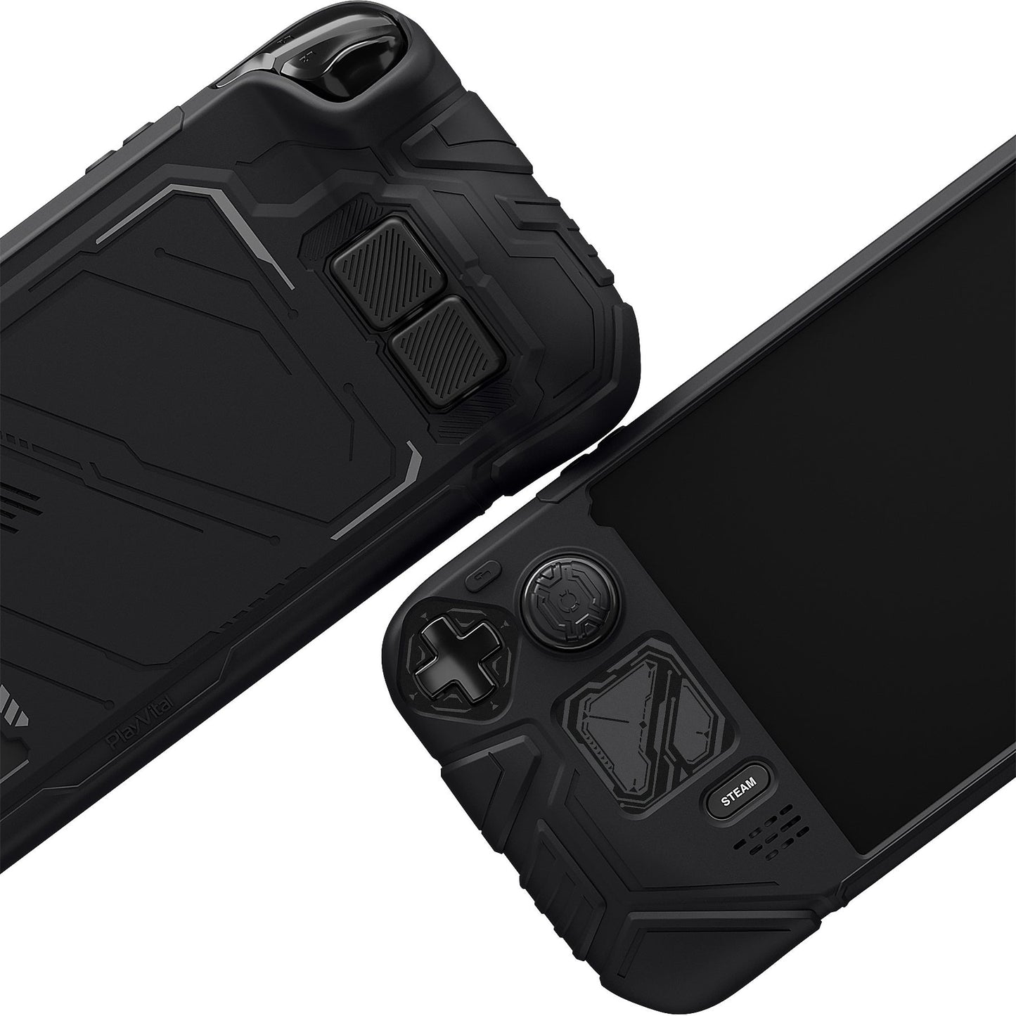 PlayVital Mecha Protective Case with Back Button Enhancement Set & Thumb Grips & Stickers for Steam Deck OLED & LCD - Black PlayVital
