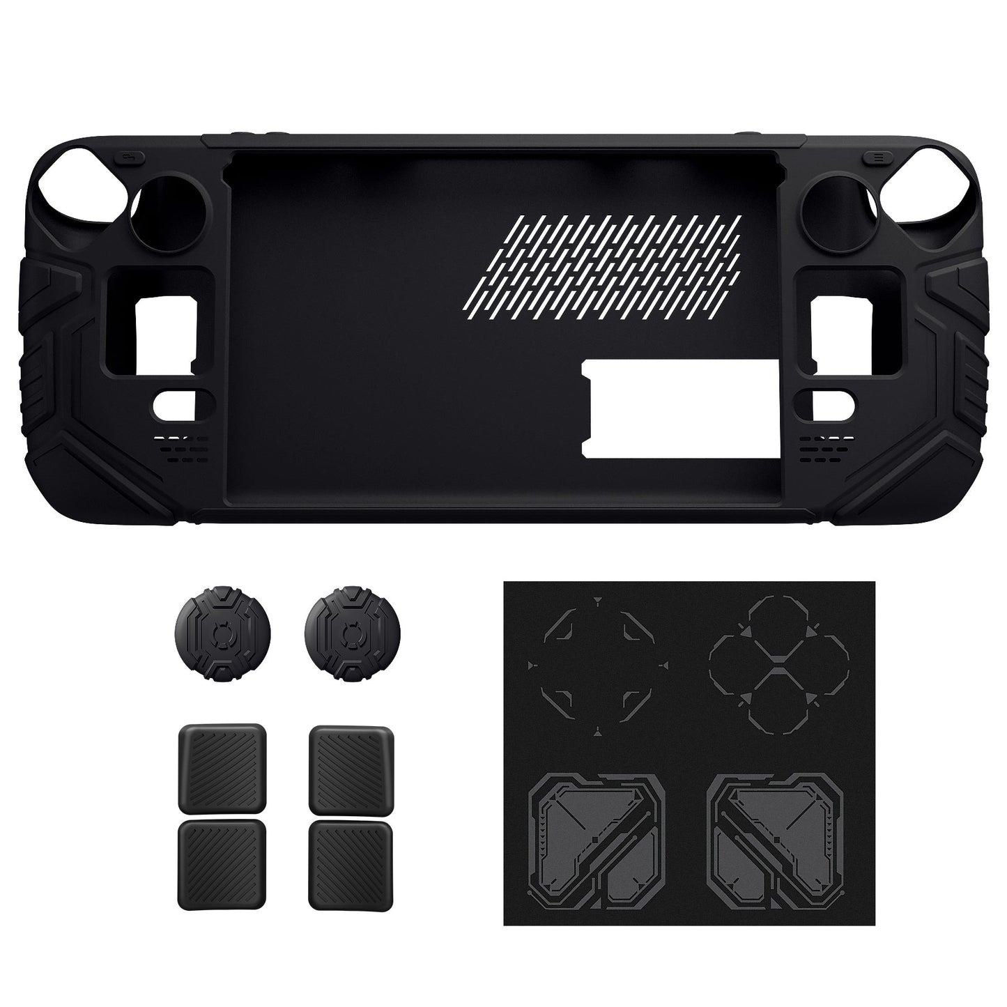 PlayVital Mecha Protective Case with Back Button Enhancement Set & Thumb Grips & Stickers for Steam Deck OLED & LCD - Black PlayVital
