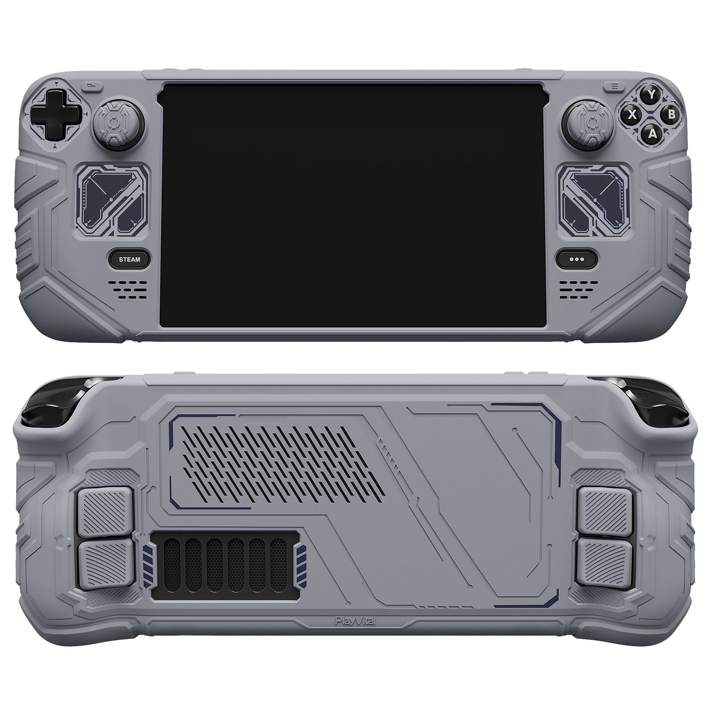PlayVital Mecha Protective Case with Back Button Enhancement Set & Thumb Grips & Stickers for Steam Deck OLED & LCD - Gray PlayVital