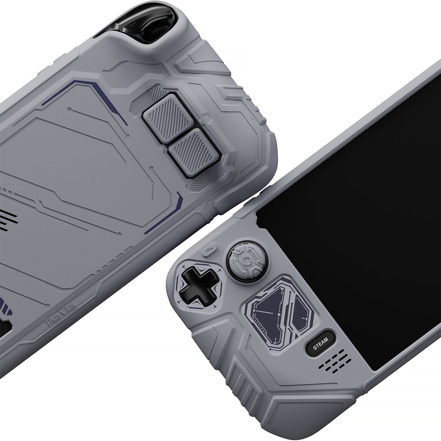 PlayVital Mecha Protective Case with Back Button Enhancement Set & Thumb Grips & Stickers for Steam Deck OLED & LCD - Gray PlayVital