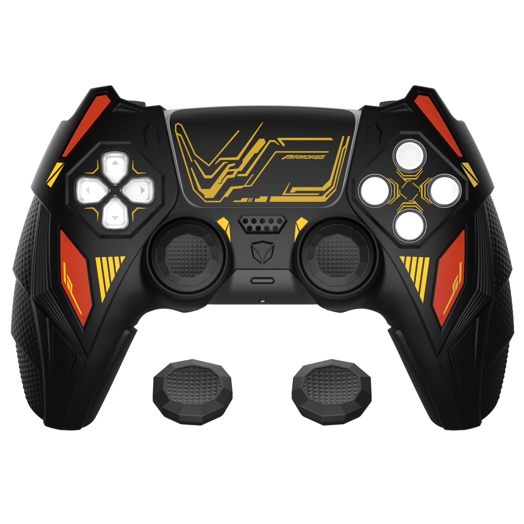 PlayVital Mecha Rhino Silicone Cover for PS5 Controller with Thumb Grips & Stickers, Compatible with Charging Station - Black & Caution Red PlayVital
