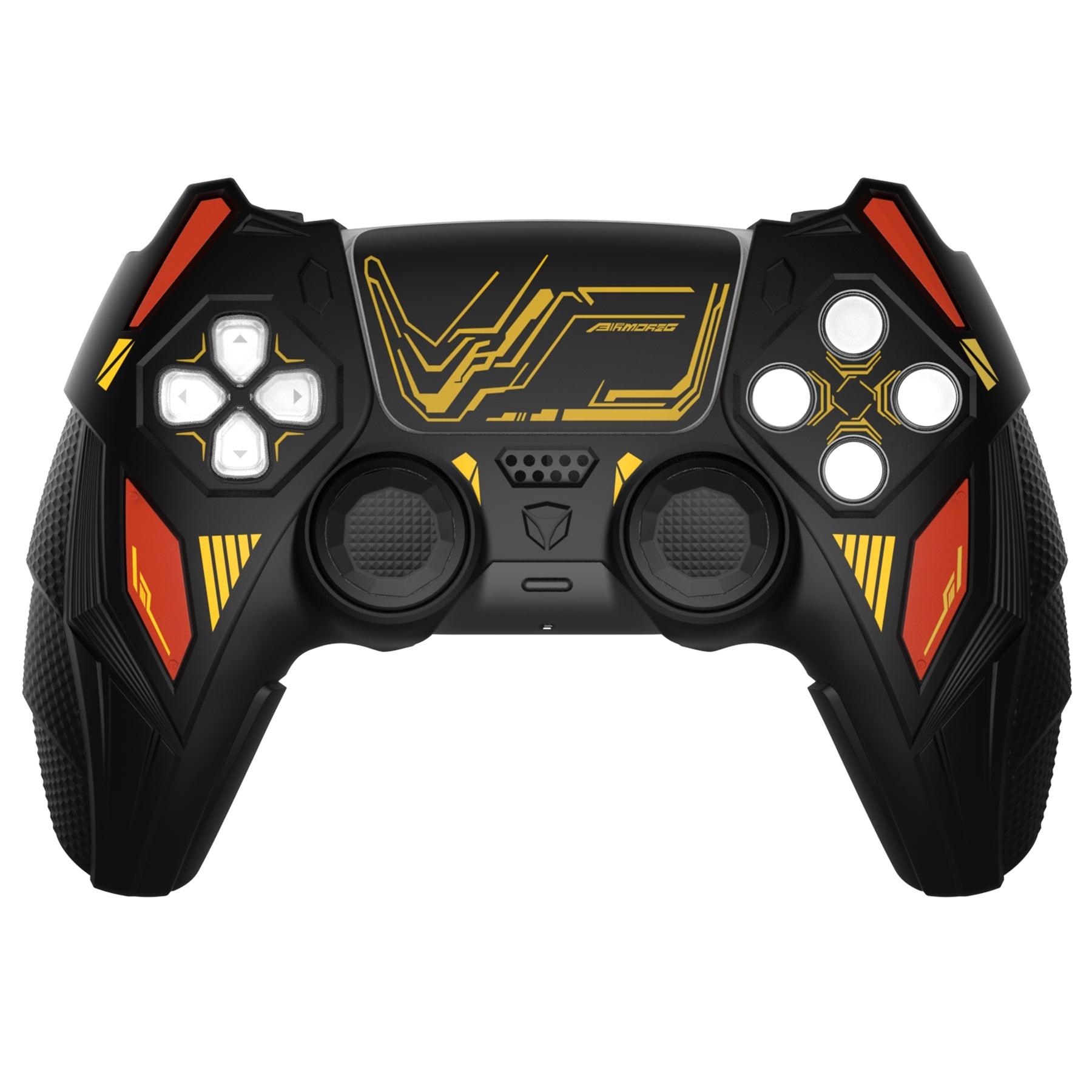 PlayVital Mecha Rhino Silicone Cover for PS5 Controller with Thumb Grips & Stickers, Compatible with Charging Station - Black & Caution Red PlayVital