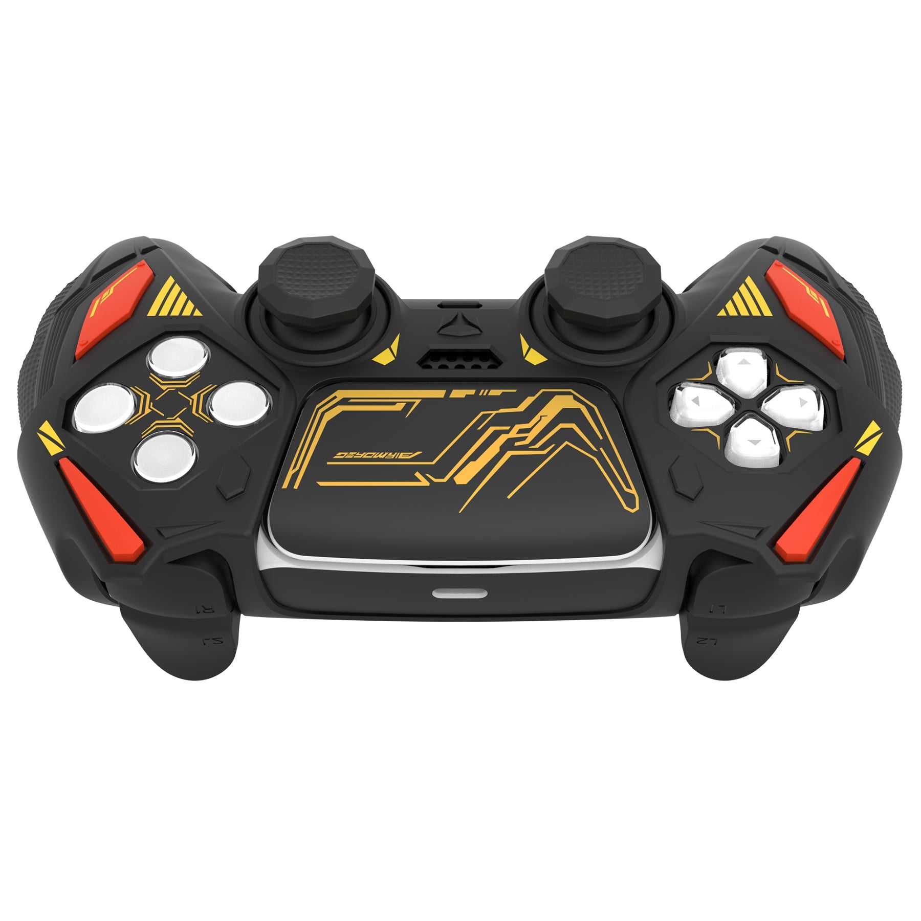 PlayVital Mecha Rhino Silicone Cover for PS5 Controller with Thumb Grips & Stickers, Compatible with Charging Station - Black & Caution Red PlayVital