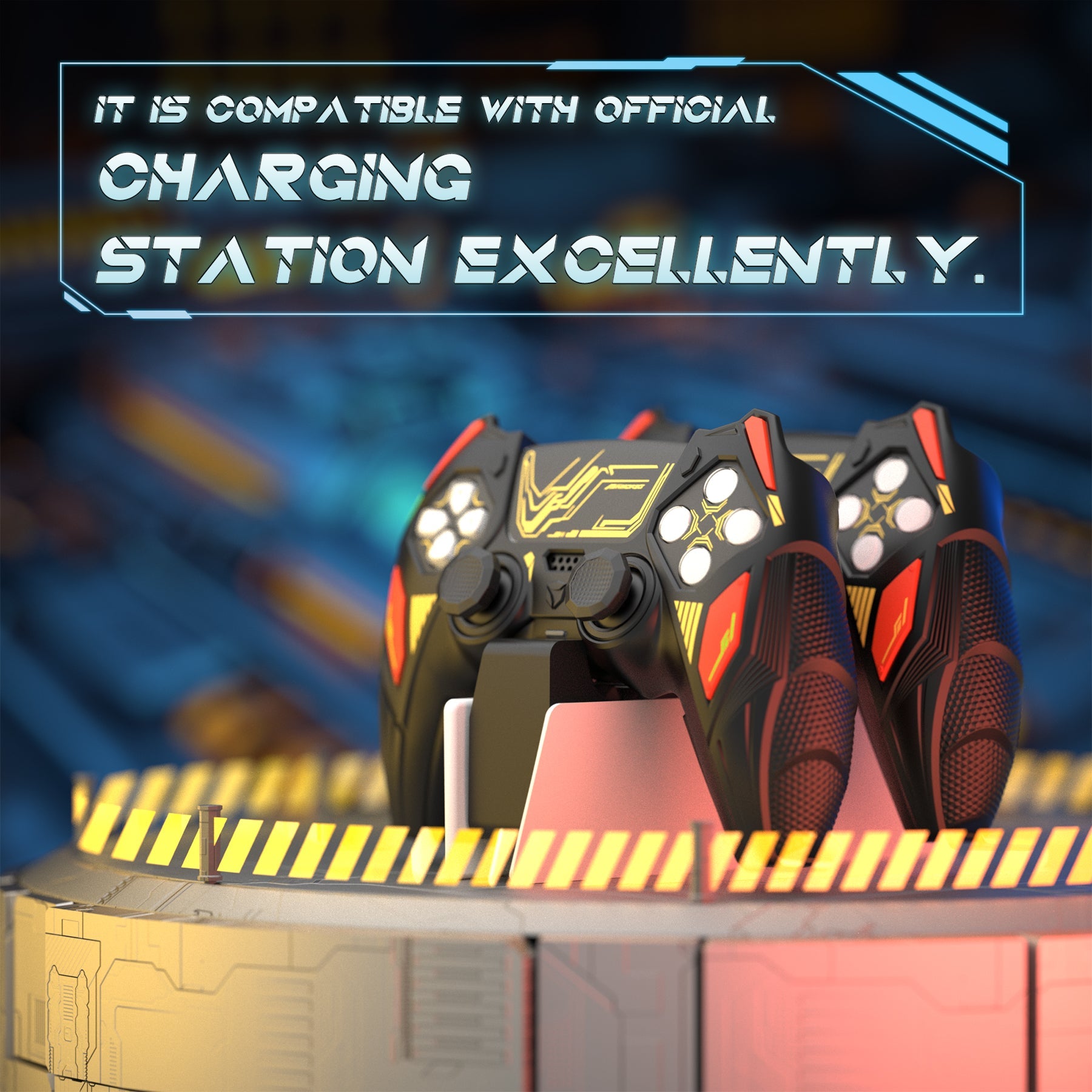 PlayVital Mecha Rhino Silicone Cover for PS5 Controller with Thumb Grips & Stickers, Compatible with Charging Station - Black & Caution Red PlayVital