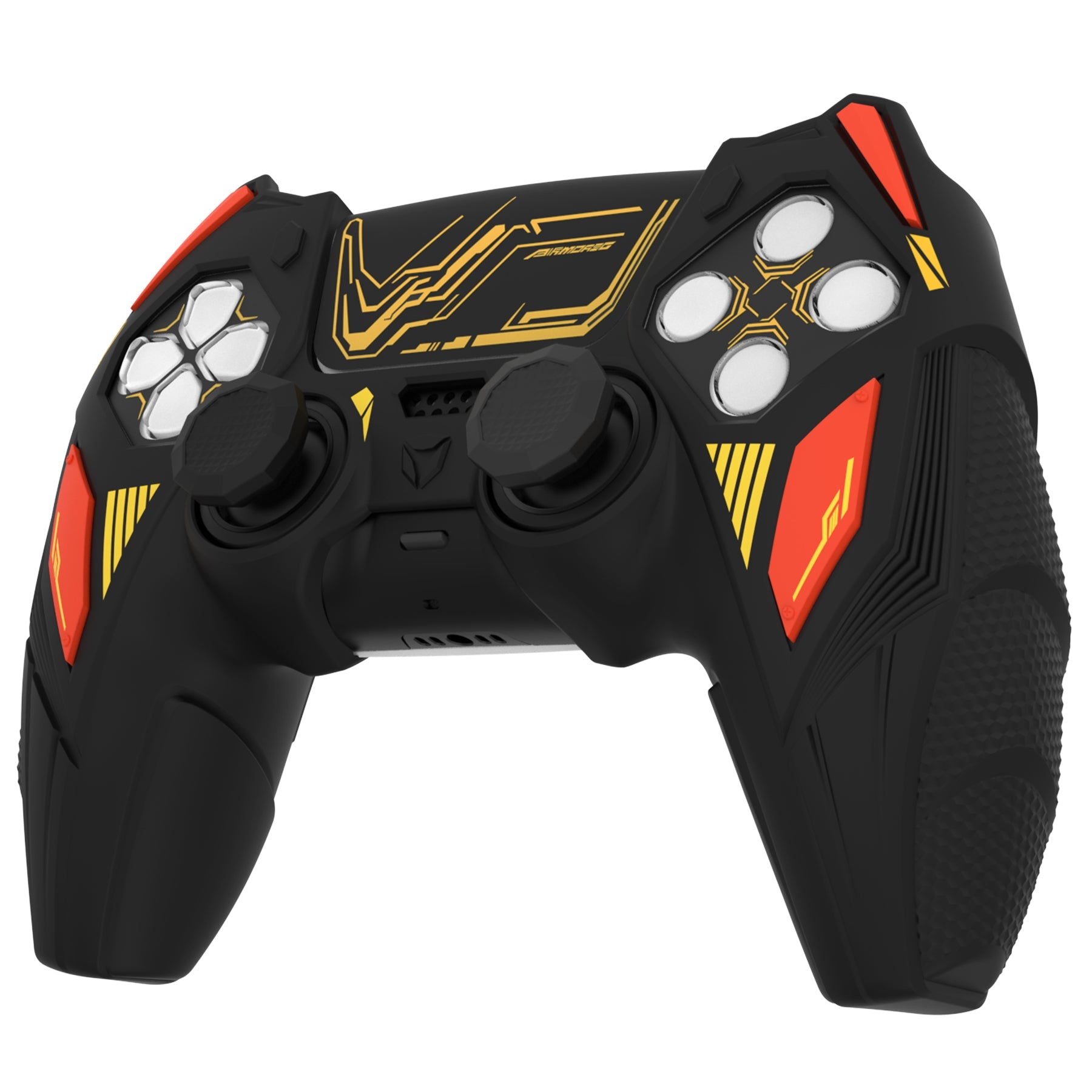 PlayVital Mecha Rhino Silicone Cover for PS5 Controller with Thumb Grips & Stickers, Compatible with Charging Station - Black & Caution Red PlayVital