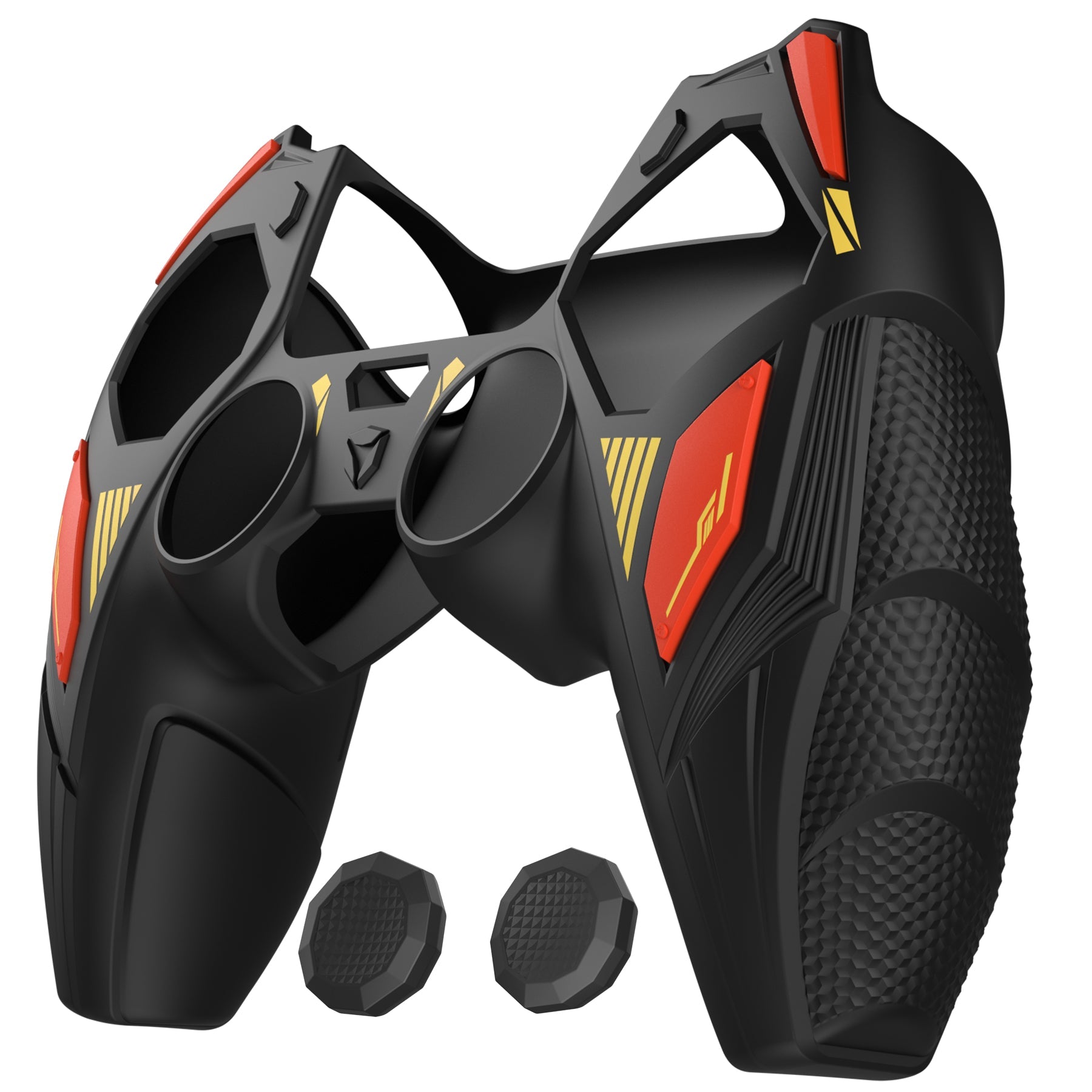 PlayVital Mecha Rhino Silicone Cover for PS5 Controller with Thumb Grips & Stickers, Compatible with Charging Station - Black & Caution Red PlayVital
