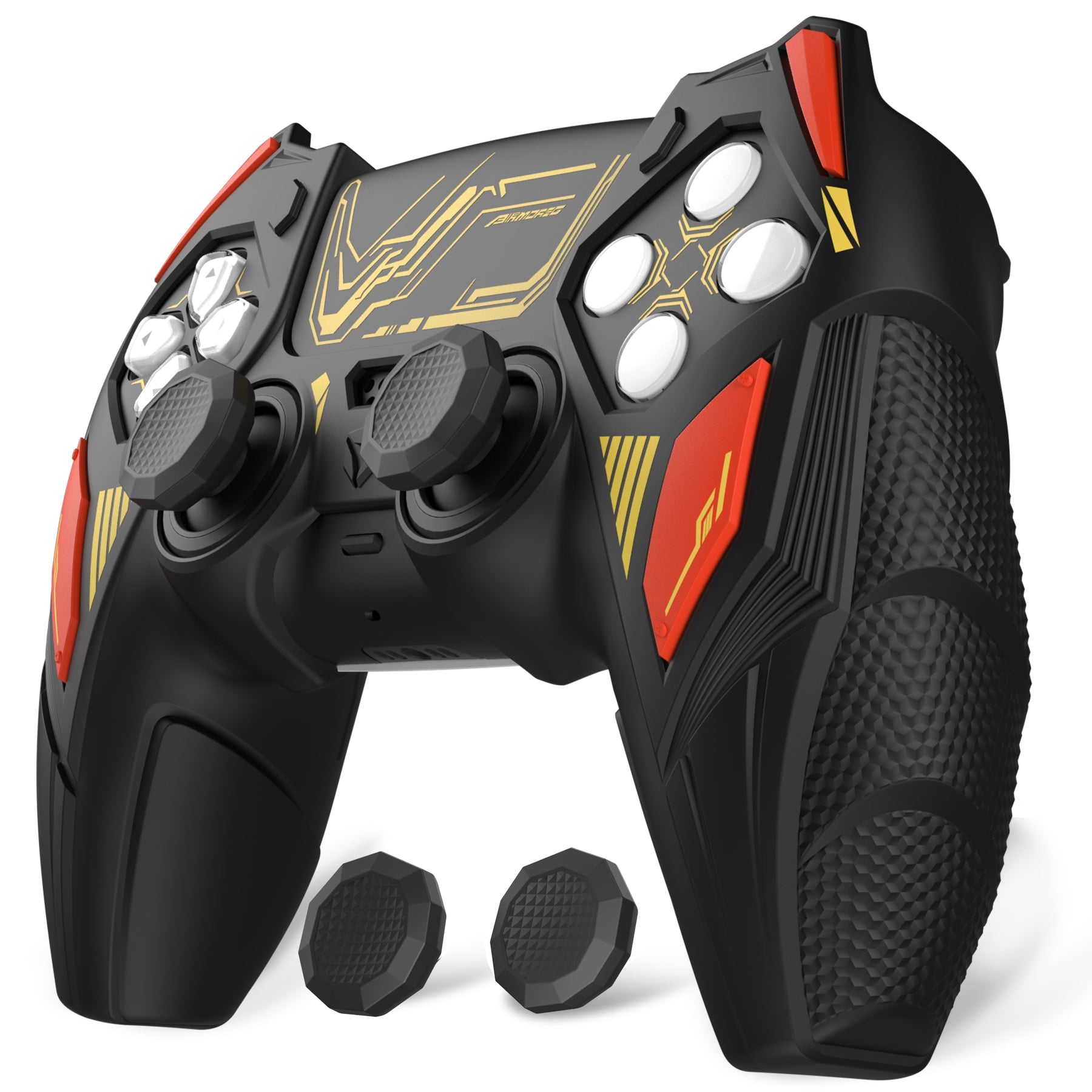 PlayVital Mecha Rhino Silicone Cover for PS5 Controller with Thumb Grips & Stickers, Compatible with Charging Station - Black & Caution Red PlayVital