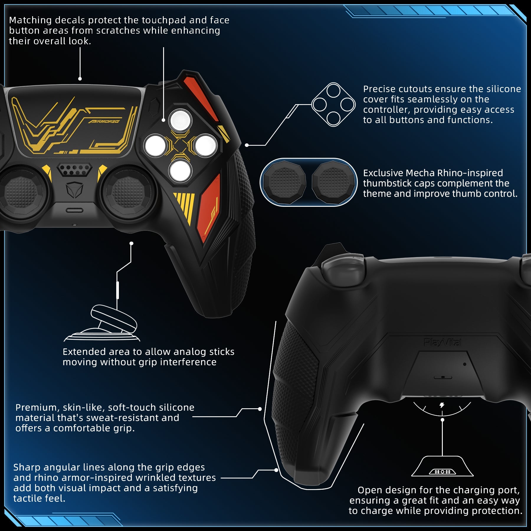 PlayVital Mecha Rhino Silicone Cover for PS5 Controller with Thumb Grips & Stickers, Compatible with Charging Station - Black & Caution Red PlayVital
