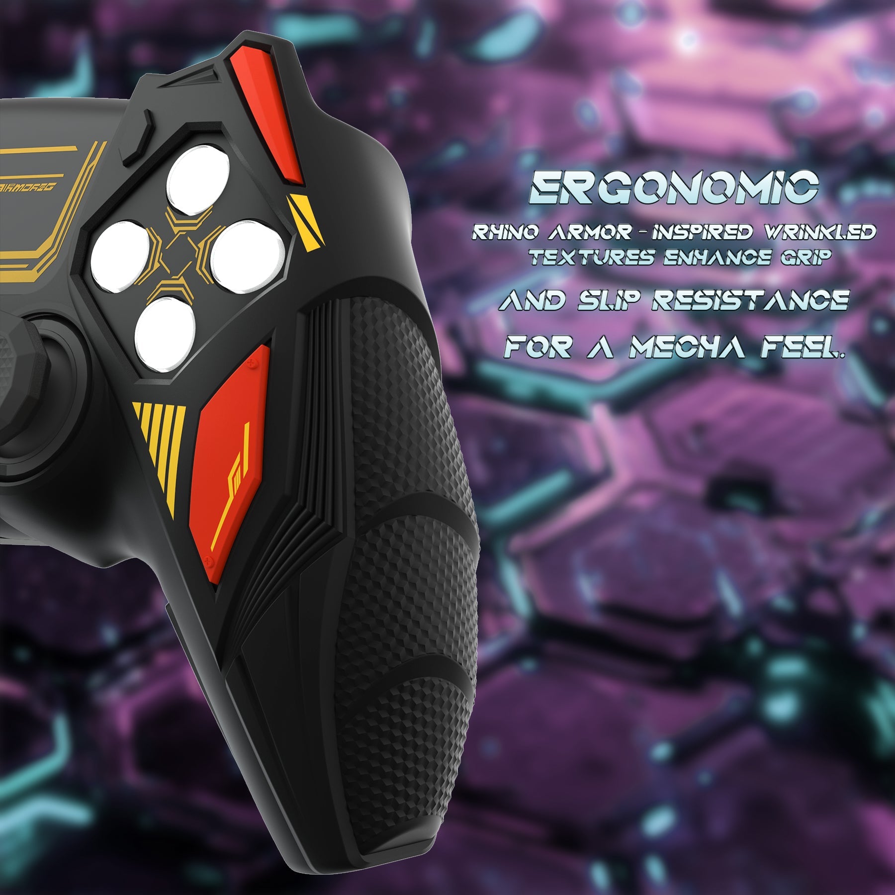 PlayVital Mecha Rhino Silicone Cover for PS5 Controller with Thumb Grips & Stickers, Compatible with Charging Station - Black & Caution Red PlayVital