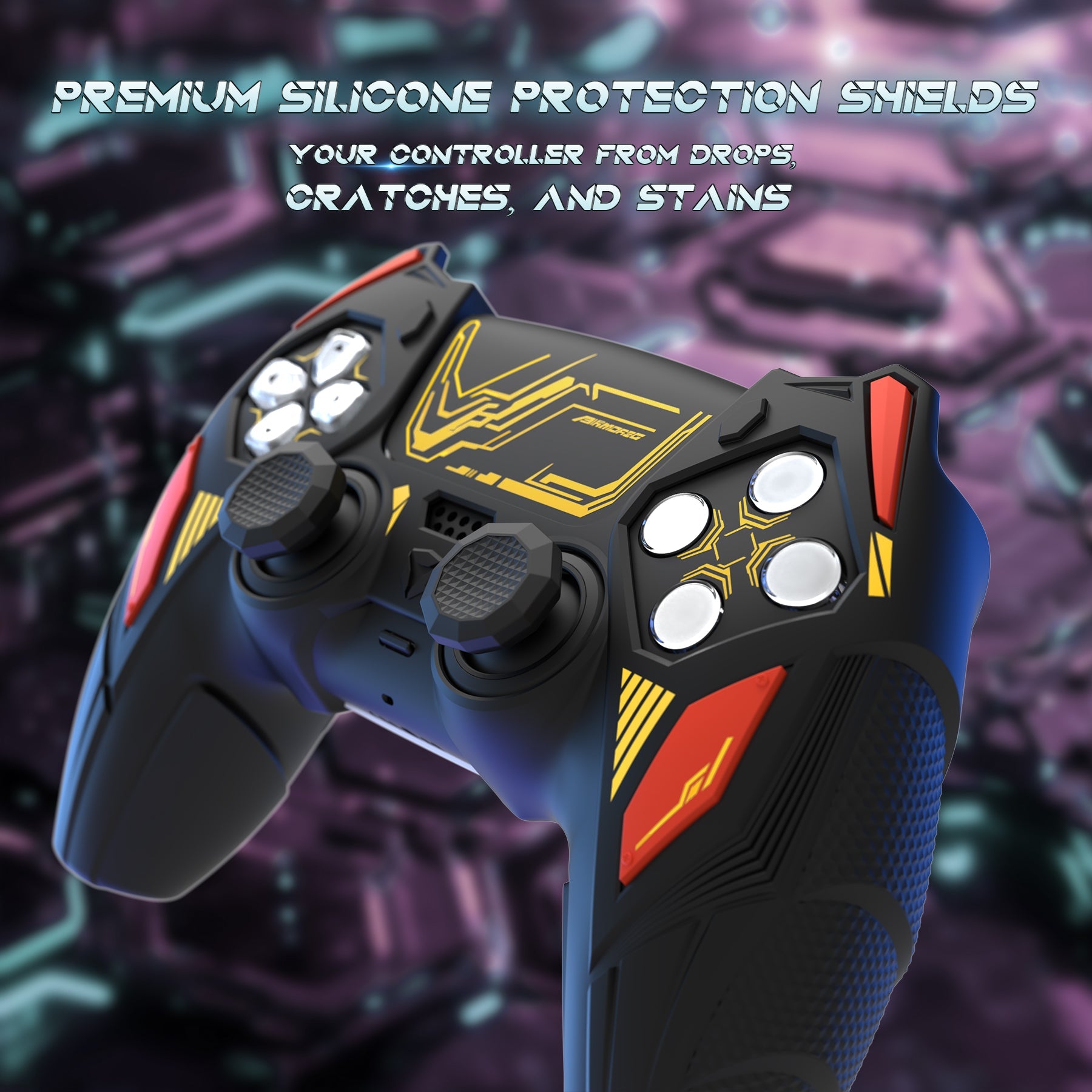 PlayVital Mecha Rhino Silicone Cover for PS5 Controller with Thumb Grips & Stickers, Compatible with Charging Station - Black & Caution Red PlayVital