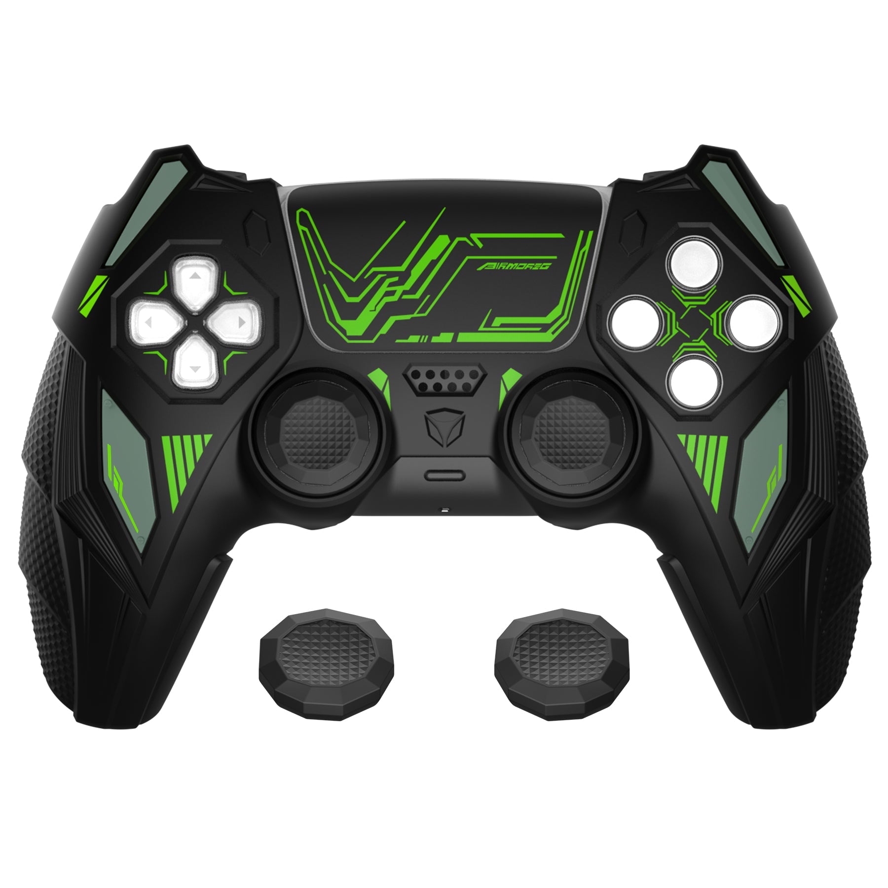 PlayVital Mecha Rhino Silicone Cover for PS5 Controller with Thumb Grips & Stickers, Compatible with Charging Station - Black & Green PlayVital