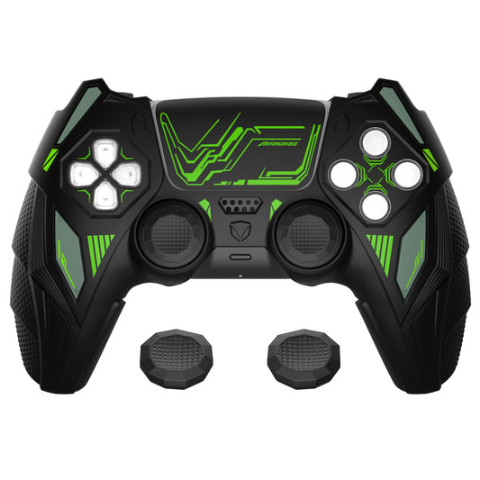PlayVital Mecha Rhino Silicone Cover for PS5 Controller with Thumb Grips & Stickers, Compatible with Charging Station - Black & Green PlayVital